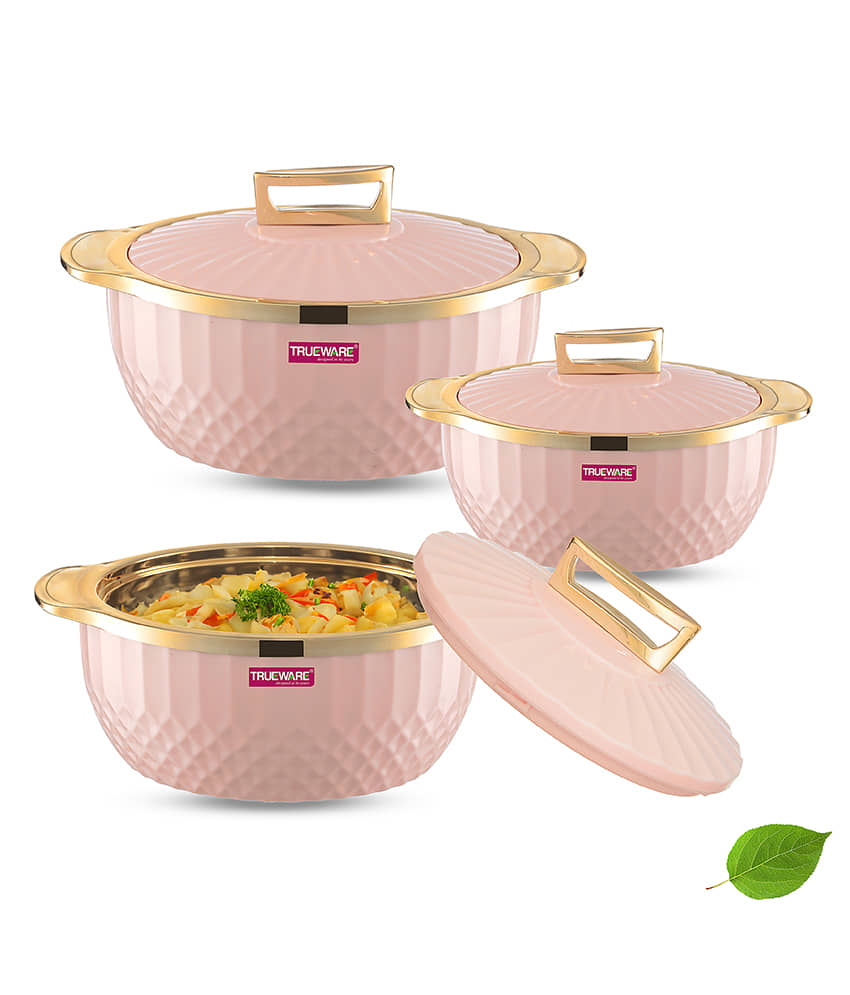 Trueware Krystal Inner Steel Pink Plastic Thermoware Casserole ( Set of 3 , 750,1000,1500 mL )