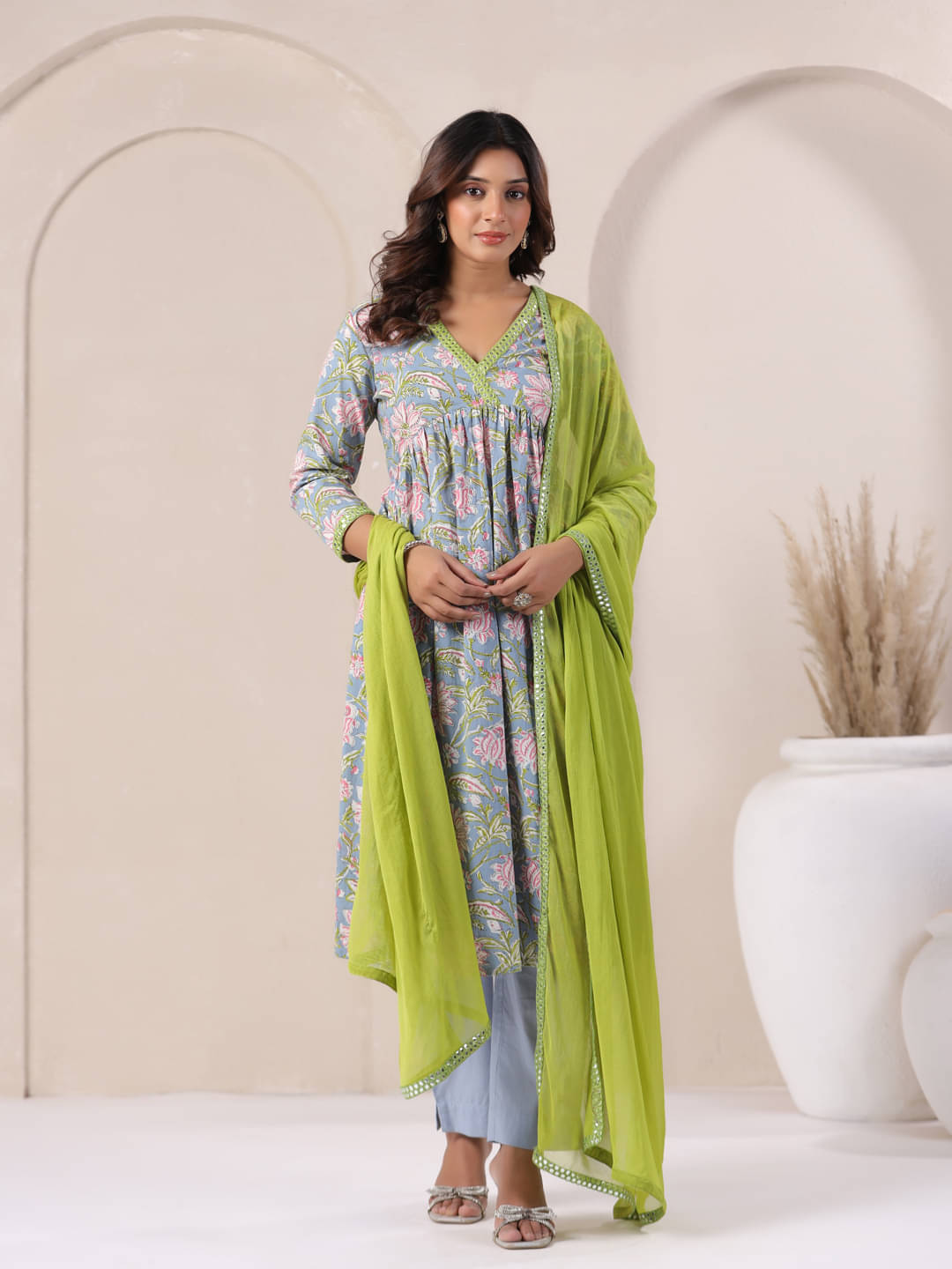     			Vyom Tara Cotton Printed Kurti With Pants Women's Stitched Salwar Suit - Light Blue ( Pack of 1 )