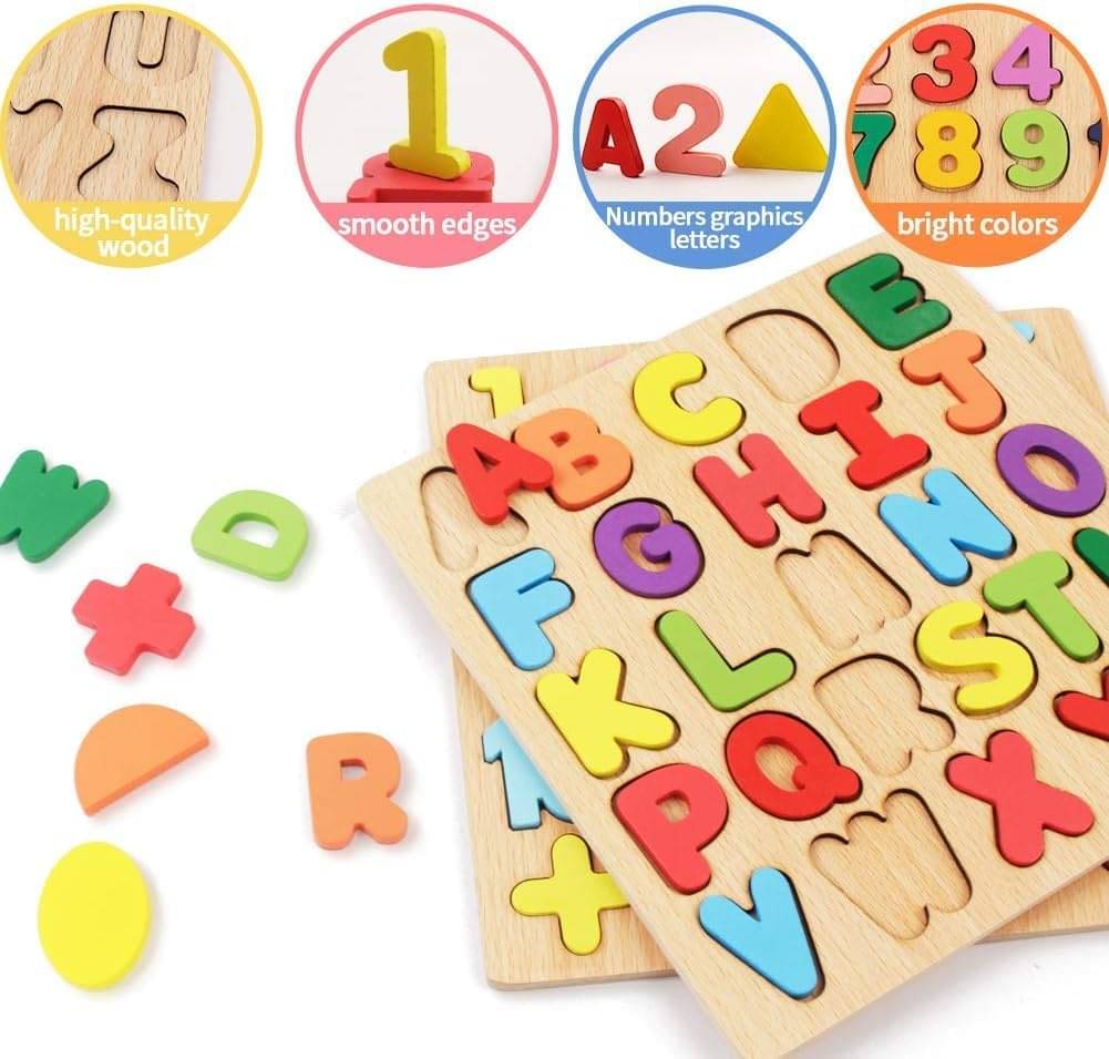     			Wooden Learning Educational Board for Kids, Alphabet & Number & Shape Puzzles for Kids, Educational Toys for Toddlers & Preschoolers, ABCD Puzzle Set (Alphabets, Numbers, Shapes)2