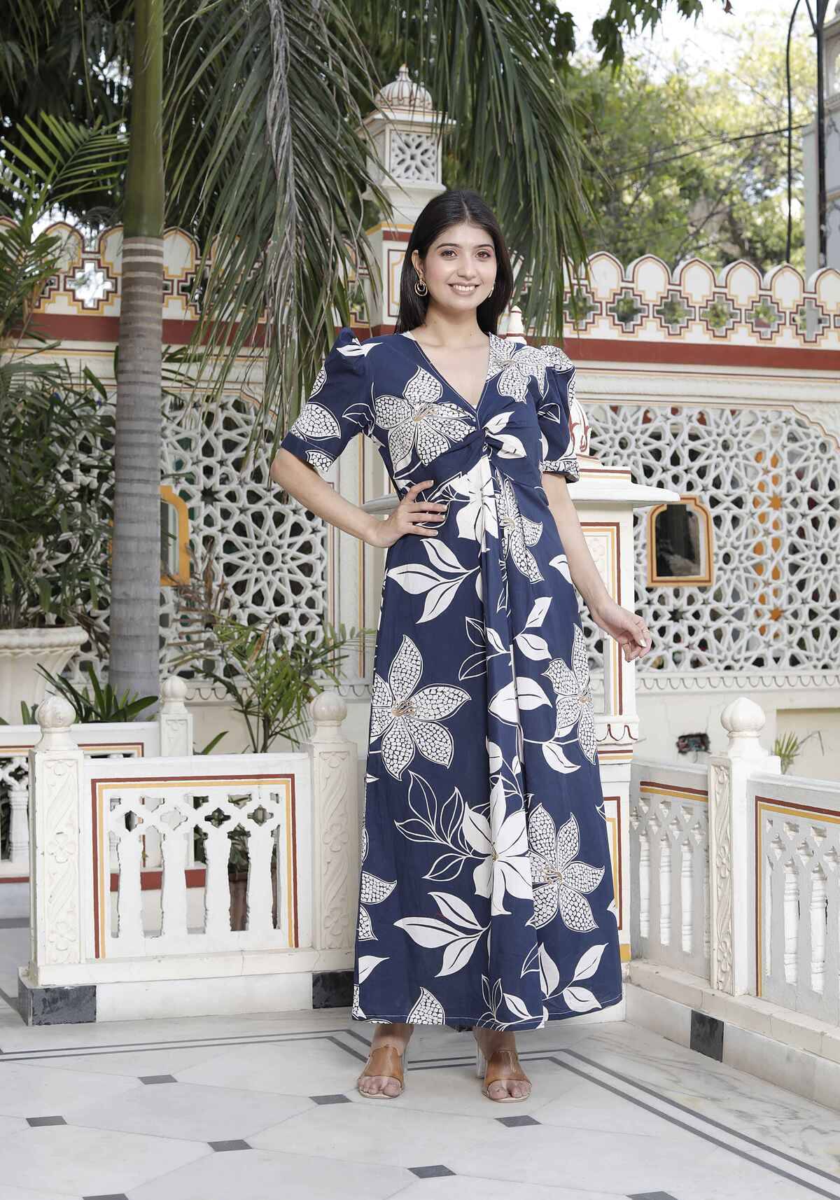     			miravan Women Cotton Printed Fit & Flare Dress ( Blue )