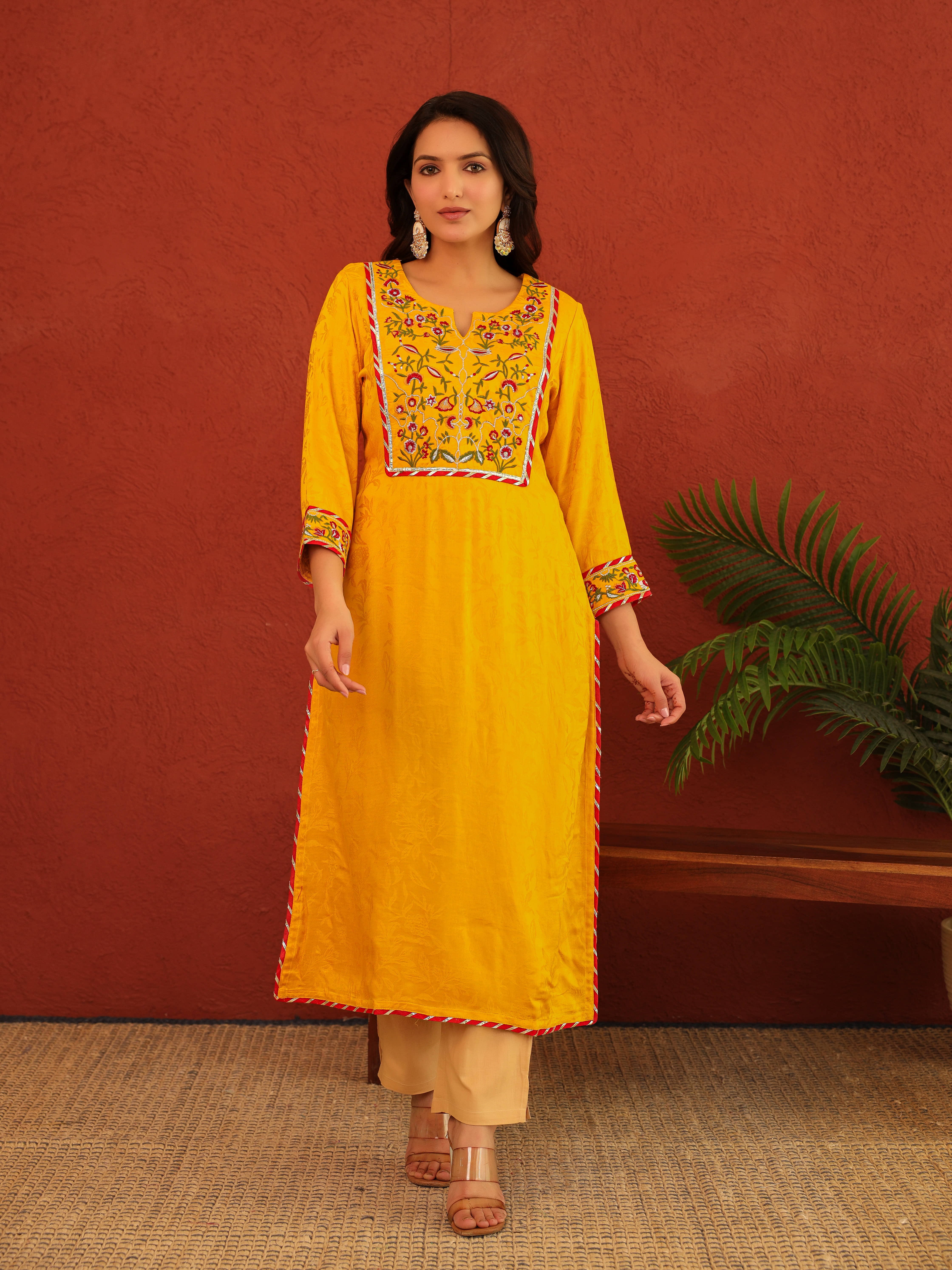 AMIRA'S INDIAN ETHNICWEAR Pack of 1 Rayon Embroidered Straight Women's Kurti - ( Mustard ) - Kurtis, Tunics | Buy online on ZillyBuy