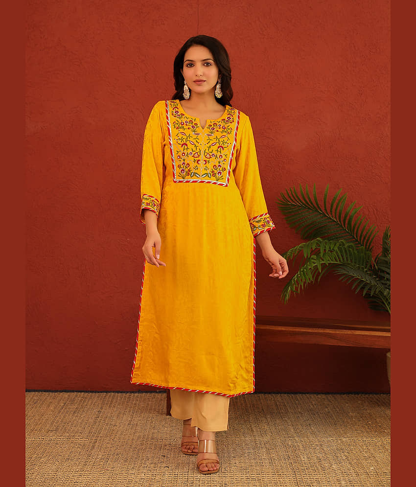 AMIRA'S INDIAN ETHNICWEAR Pack of 1 Rayon Embroidered Straight Women's Kurti - ( Mustard ) - Kurtis, Tunics | Buy online on ZillyBuy