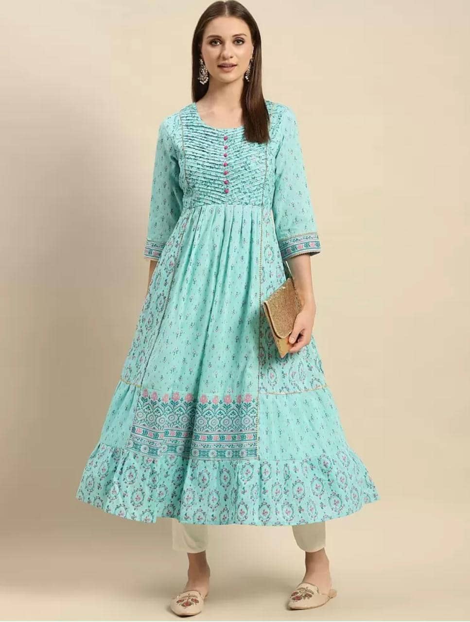 AMIRA'S INDIAN ETHNICWEAR Pack of 1 Cotton Printed Anarkali Women's Kurti - ( Aqua Blue ) - Kurtis, Tunics | Buy online on ZillyBuy
