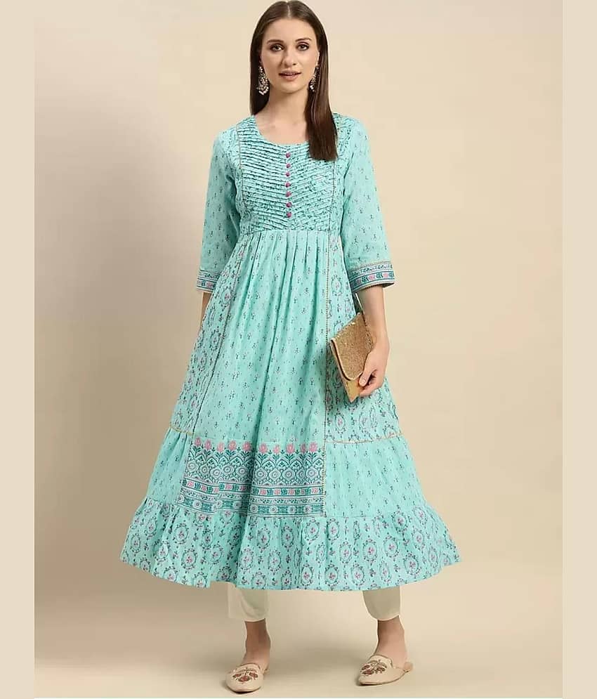 AMIRA'S INDIAN ETHNICWEAR Pack of 1 Cotton Printed Anarkali Women's Kurti - ( Aqua Blue ) - Kurtis, Tunics | Buy online on ZillyBuy