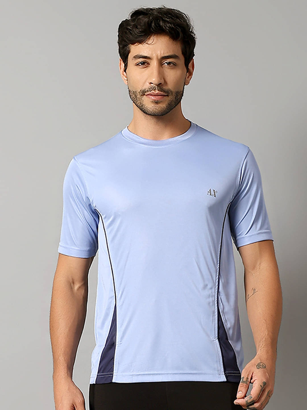 Auxamis Polyester Regular Fit Colorblock Half Sleeves Men's Round T-Shirt - Light Blue ( Pack of 1 ) Auxamis Polyester Regular Fit Colorblock Half Sleeves Men's Round T-Shirt - Light Blue ( Pack of 1 )