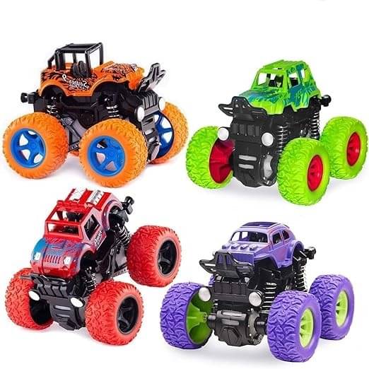     			Eclet Kid Pack of 4Unbreakable 4pc 4WD Mini Monster Trucks Friction Powered Cars for Kids Big Rubber Tires Baby Boys Super Cars Blaze Truck Children Gift Toys Mini Rock Crawler (Set of 4)