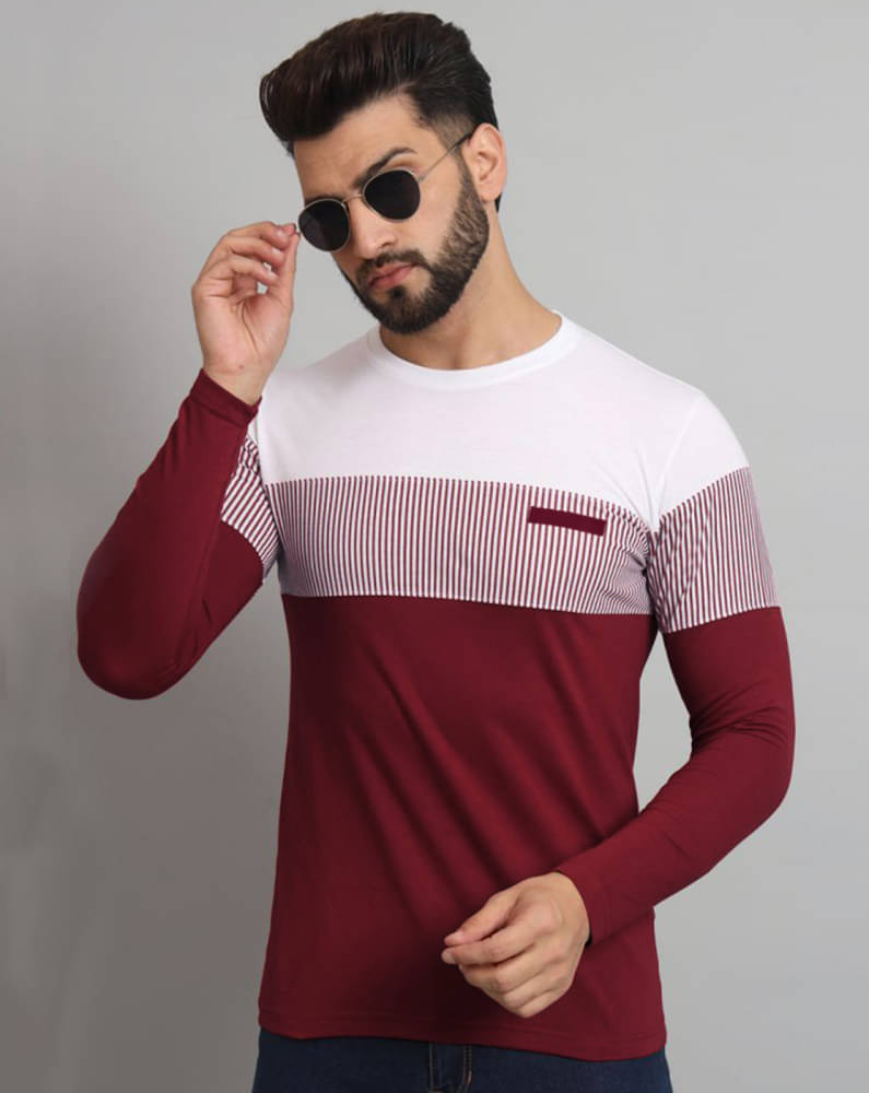 Eyebogler Cotton Blend Regular Fit Colorblock Full Sleeves Men's Round T-Shirt - Red ( Pack of 1 ) Eyebogler Cotton Blend Regular Fit Colorblock Full Sleeves Men's Round T-Shirt - Red ( Pack of 1 )