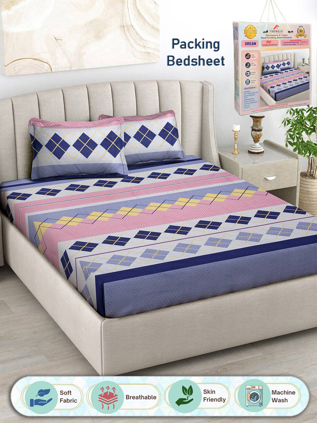     			FABINALIV Poly Cotton 1 Double Bedsheet with 2 Pillow Covers ( Multicolor )