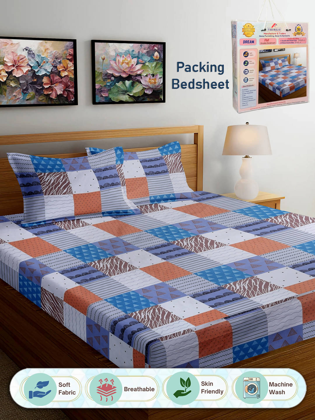     			FABINALIV Poly Cotton 1 Double Bedsheet with 2 Pillow Covers ( Dark Blue )