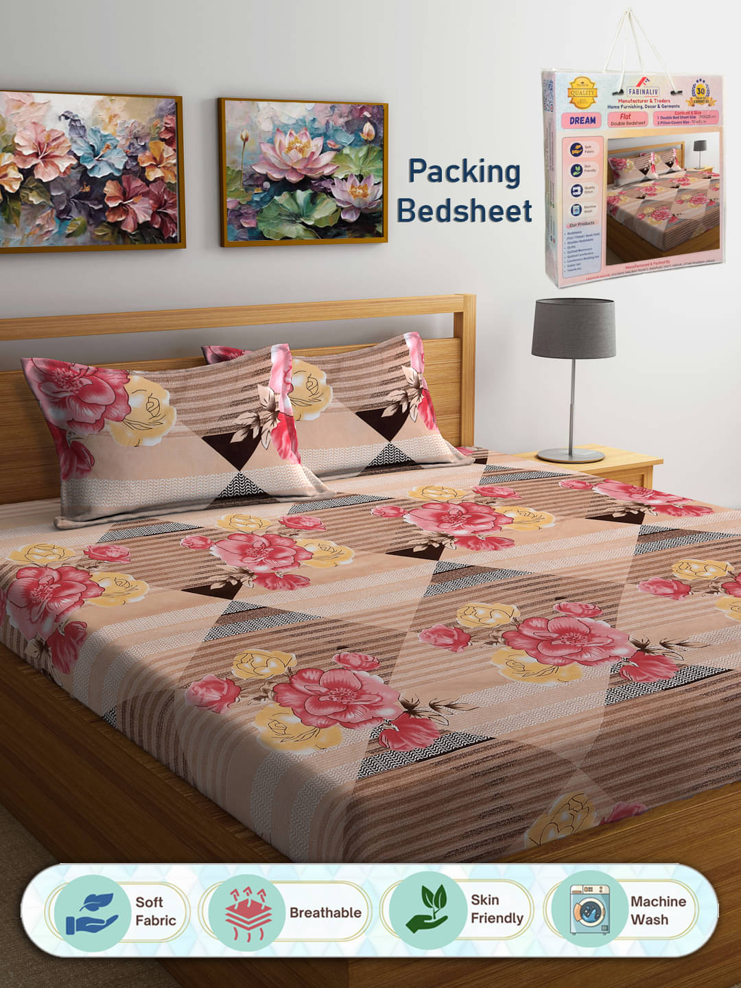     			FABINALIV Poly Cotton 1 Double Bedsheet with 2 Pillow Covers ( Brown )