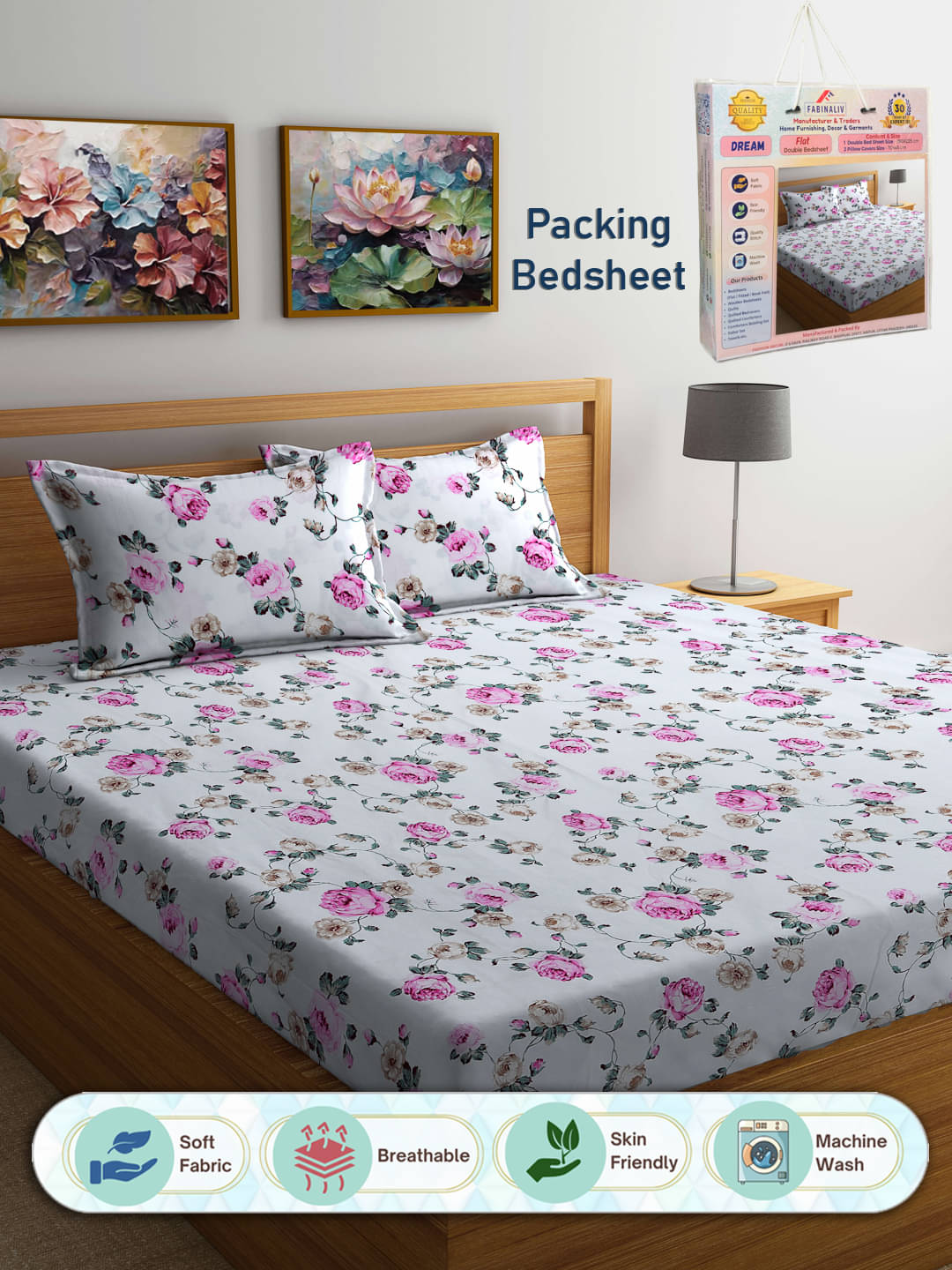     			FABINALIV Poly Cotton 1 Double Bedsheet with 2 Pillow Covers ( Pink )