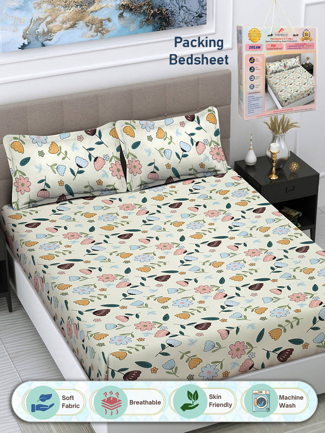     			FABINALIV Poly Cotton 1 Double Bedsheet with 2 Pillow Covers ( Cream )