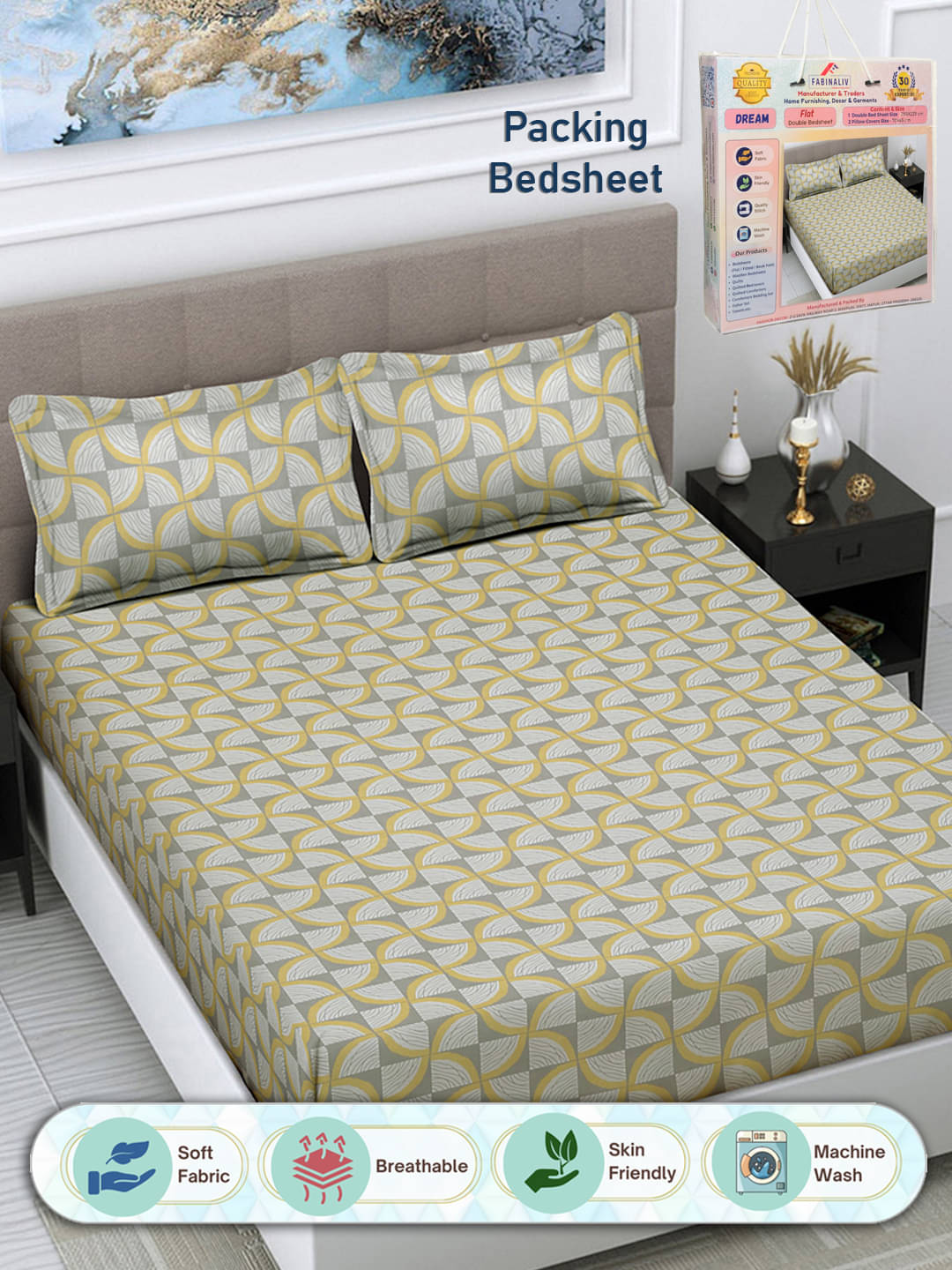     			FABINALIV Poly Cotton 1 Double Bedsheet with 2 Pillow Covers ( Grey )