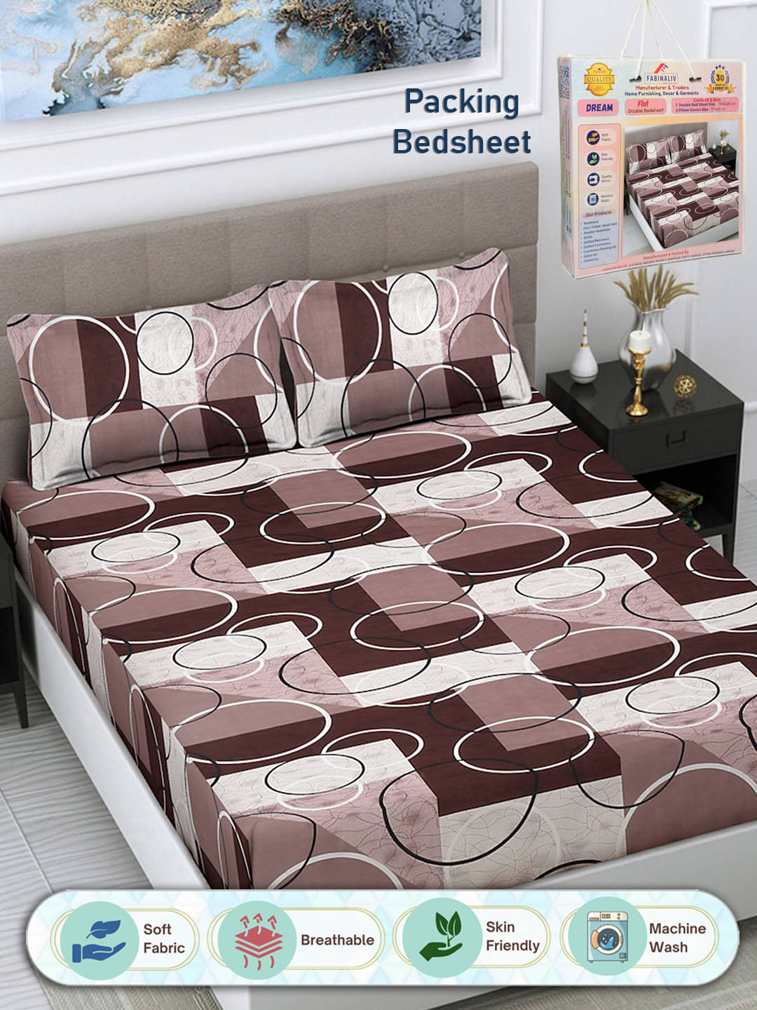     			FABINALIV Poly Cotton 1 Double Bedsheet with 2 Pillow Covers ( Coffee Brown )