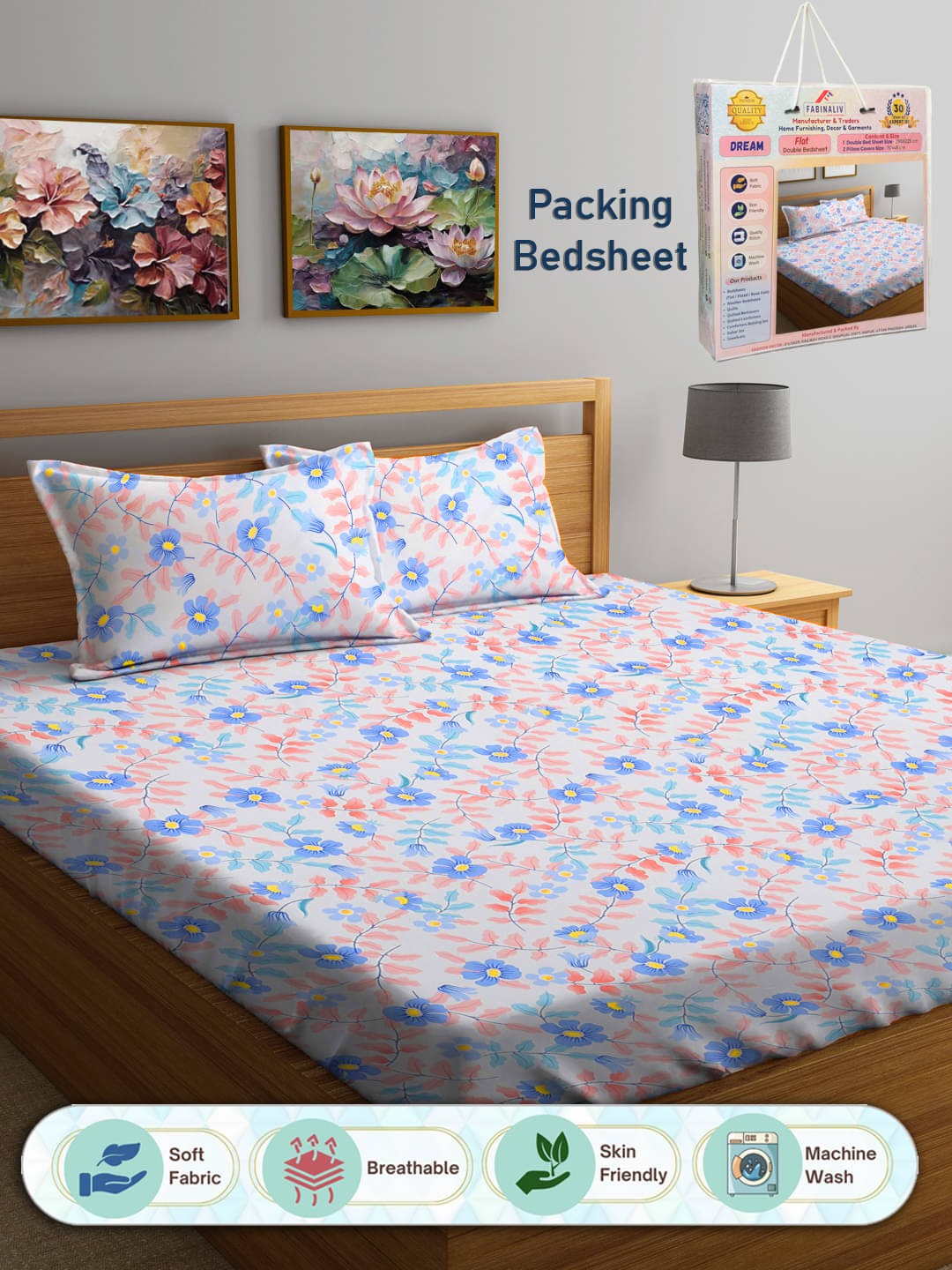     			FABINALIV Poly Cotton 1 Double Bedsheet with 2 Pillow Covers ( Light Blue )