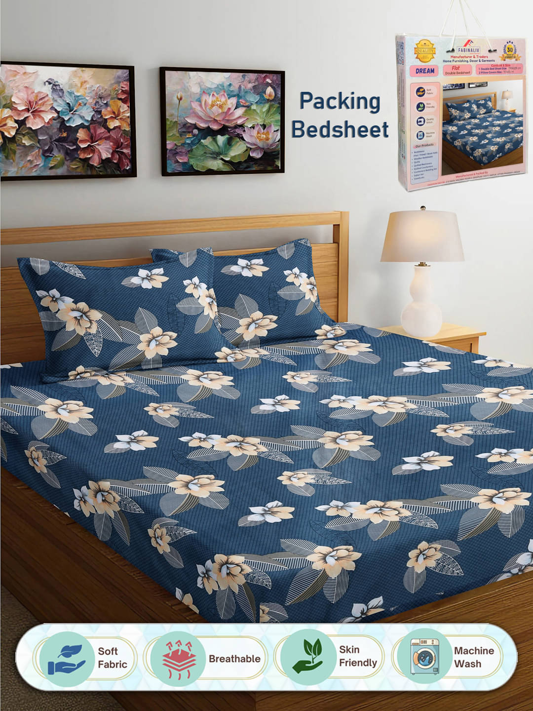 FABINALIV Poly Cotton 1 Double Bedsheet with 2 Pillow Covers ( Blue ) FABINALIV Poly Cotton 1 Double Bedsheet with 2 Pillow Covers ( Blue )