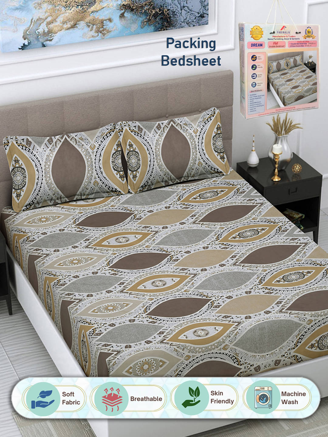     			FABINALIV Poly Cotton 1 Double Bedsheet with 2 Pillow Covers ( Multicolor )