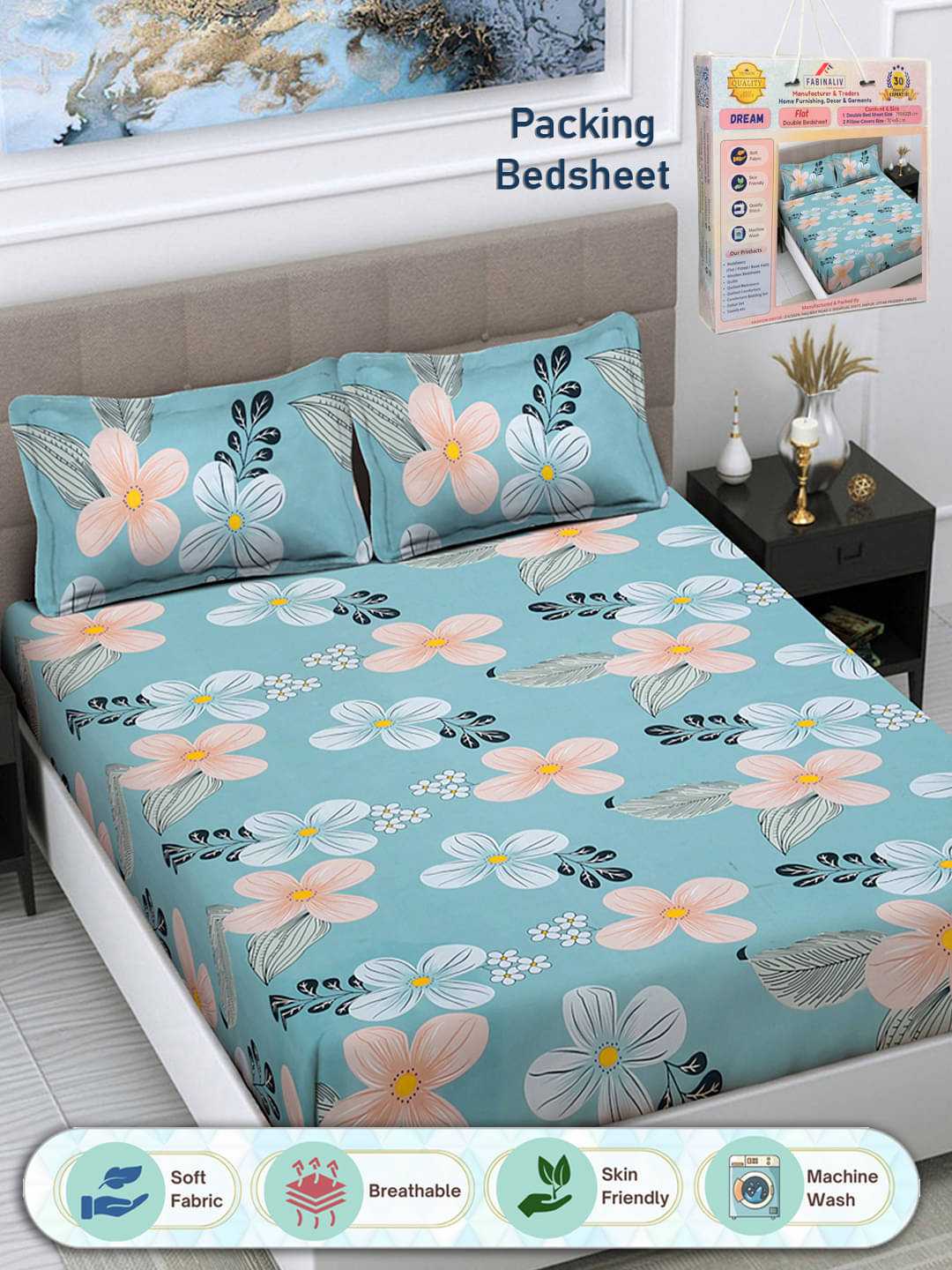 FABINALIV Poly Cotton 1 Double Bedsheet with 2 Pillow Covers ( Sky Blue ) FABINALIV Poly Cotton 1 Double Bedsheet with 2 Pillow Covers ( Sky Blue )