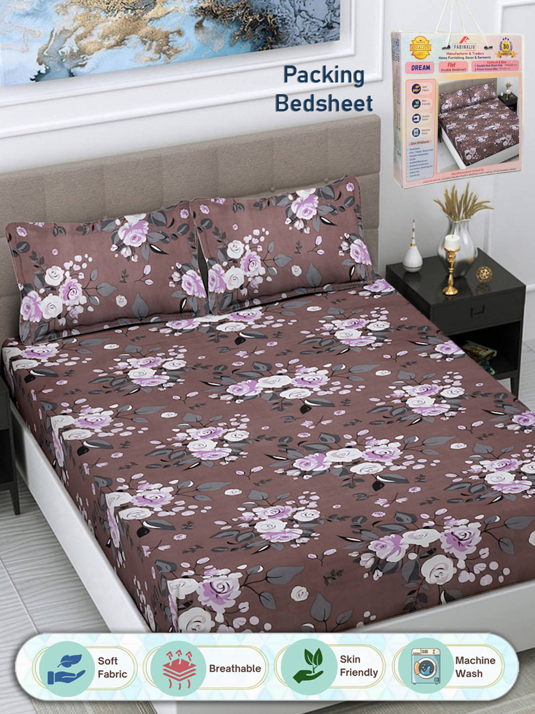FABINALIV Poly Cotton 1 Double Bedsheet with 2 Pillow Covers ( Coffee Brown ) FABINALIV Poly Cotton 1 Double Bedsheet with 2 Pillow Covers ( Coffee Brown )