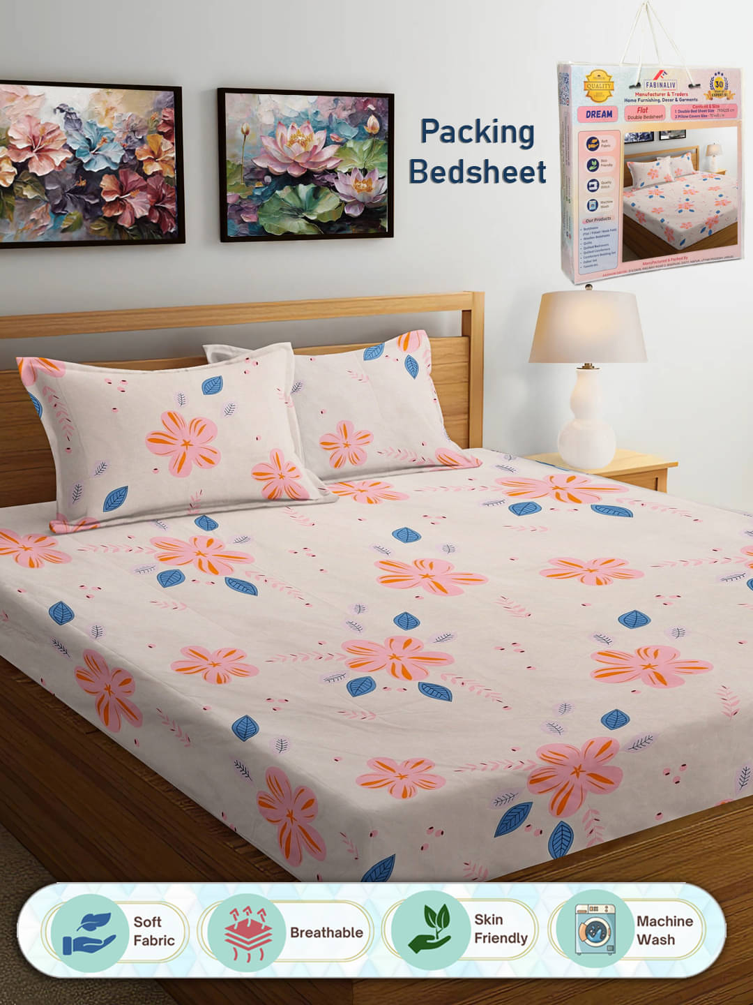     			FABINALIV Poly Cotton 1 Double Bedsheet with 2 Pillow Covers ( Baby Pink )