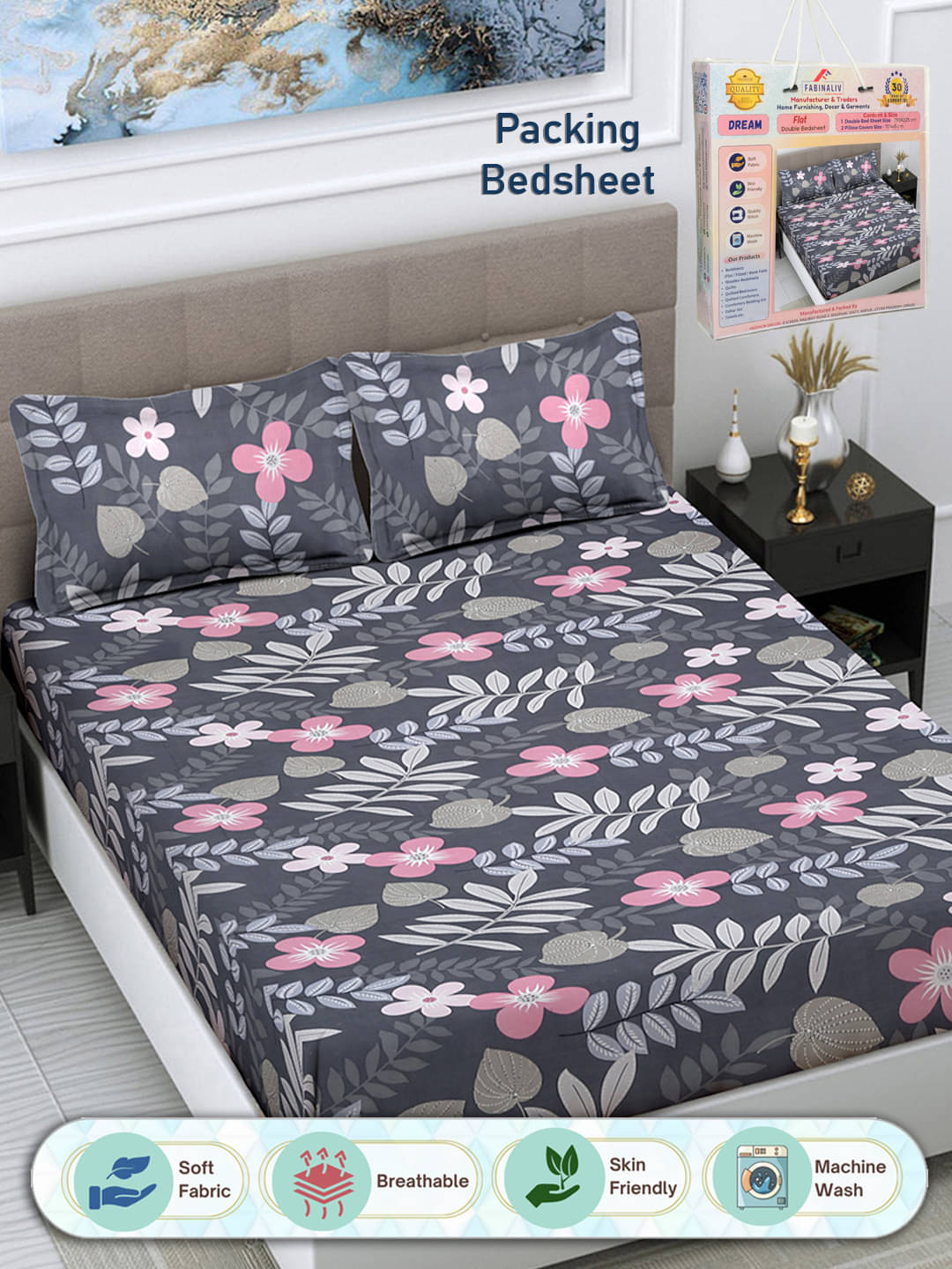     			FABINALIV Poly Cotton 1 Double Bedsheet with 2 Pillow Covers ( Dark Grey )