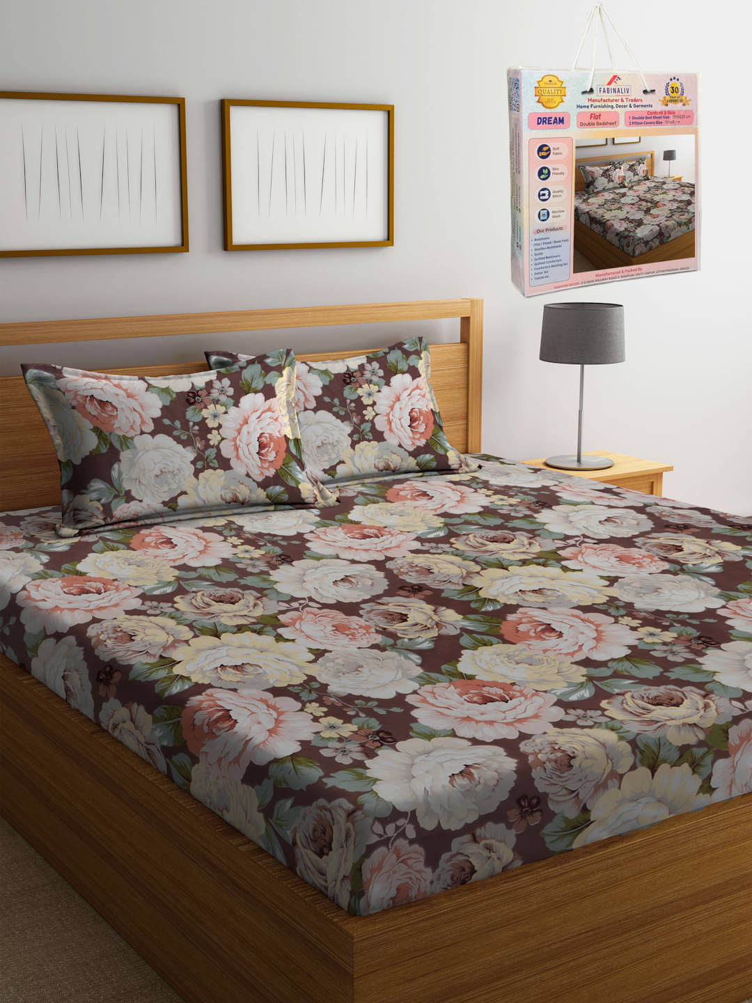     			FABINALIV Poly Cotton 1 Double Bedsheet with 2 Pillow Covers ( Brown )