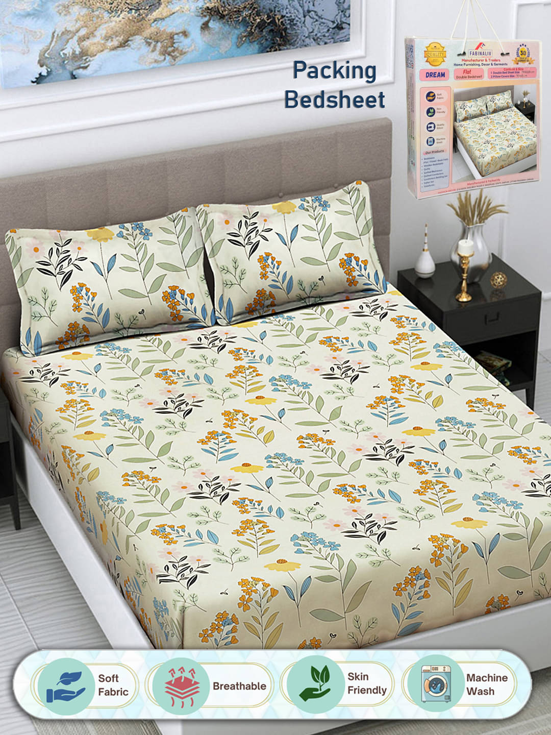     			FABINALIV Poly Cotton 1 Double Bedsheet with 2 Pillow Covers ( Multicolor )