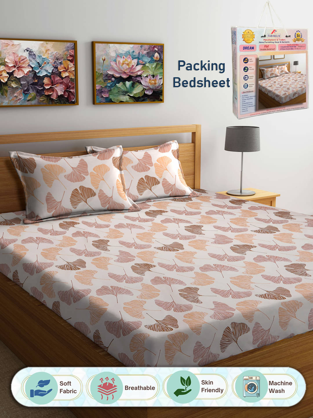     			FABINALIV Poly Cotton 1 Double Bedsheet with 2 Pillow Covers ( Beige )