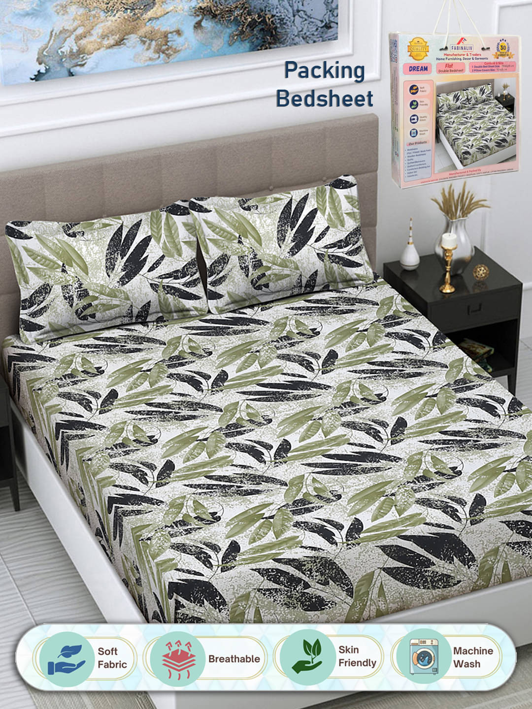 FABINALIV Poly Cotton 1 Double Bedsheet with 2 Pillow Covers ( Green ) FABINALIV Poly Cotton 1 Double Bedsheet with 2 Pillow Covers ( Green )