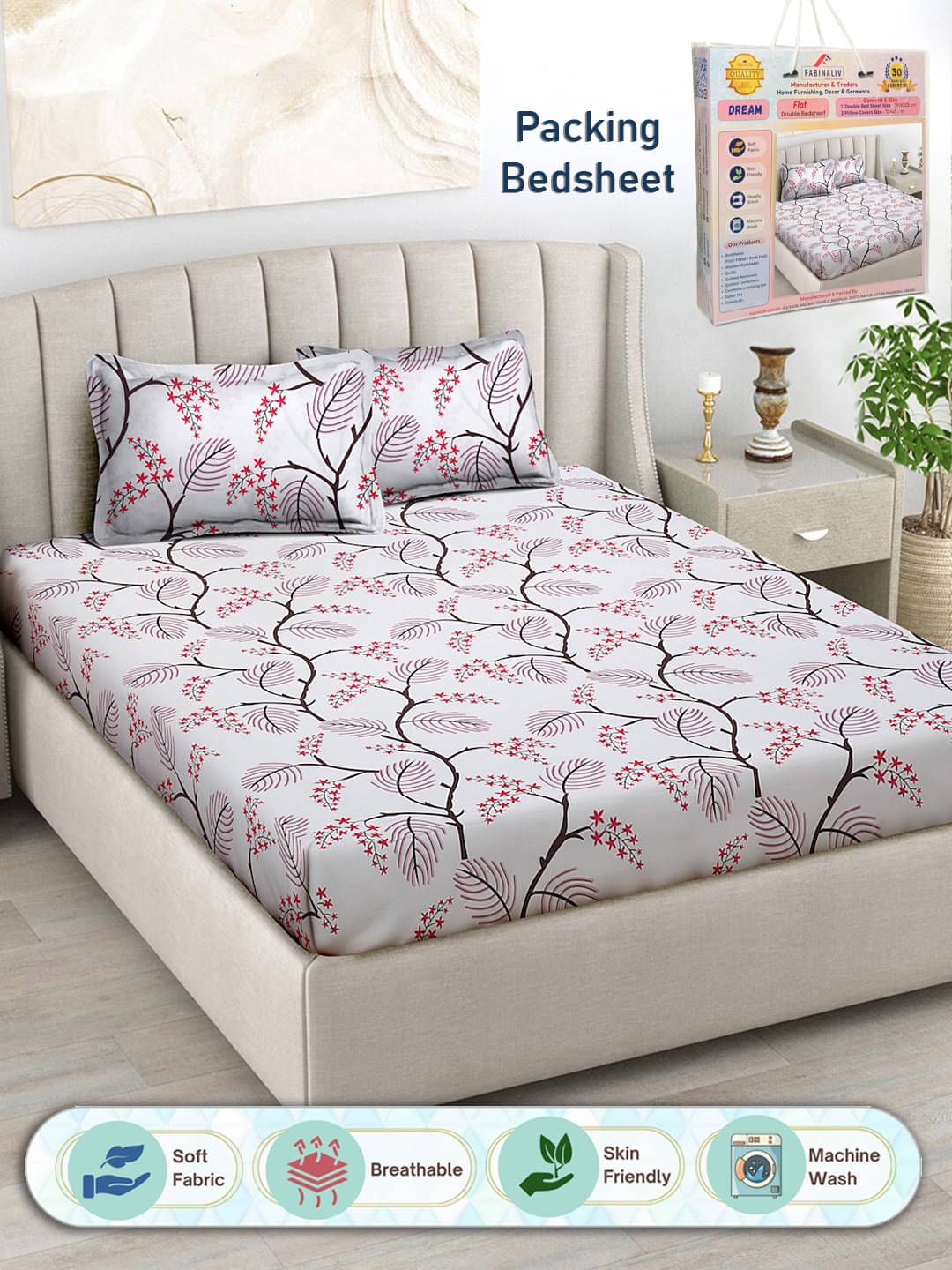     			FABINALIV Poly Cotton 1 Double Bedsheet with 2 Pillow Covers ( White )