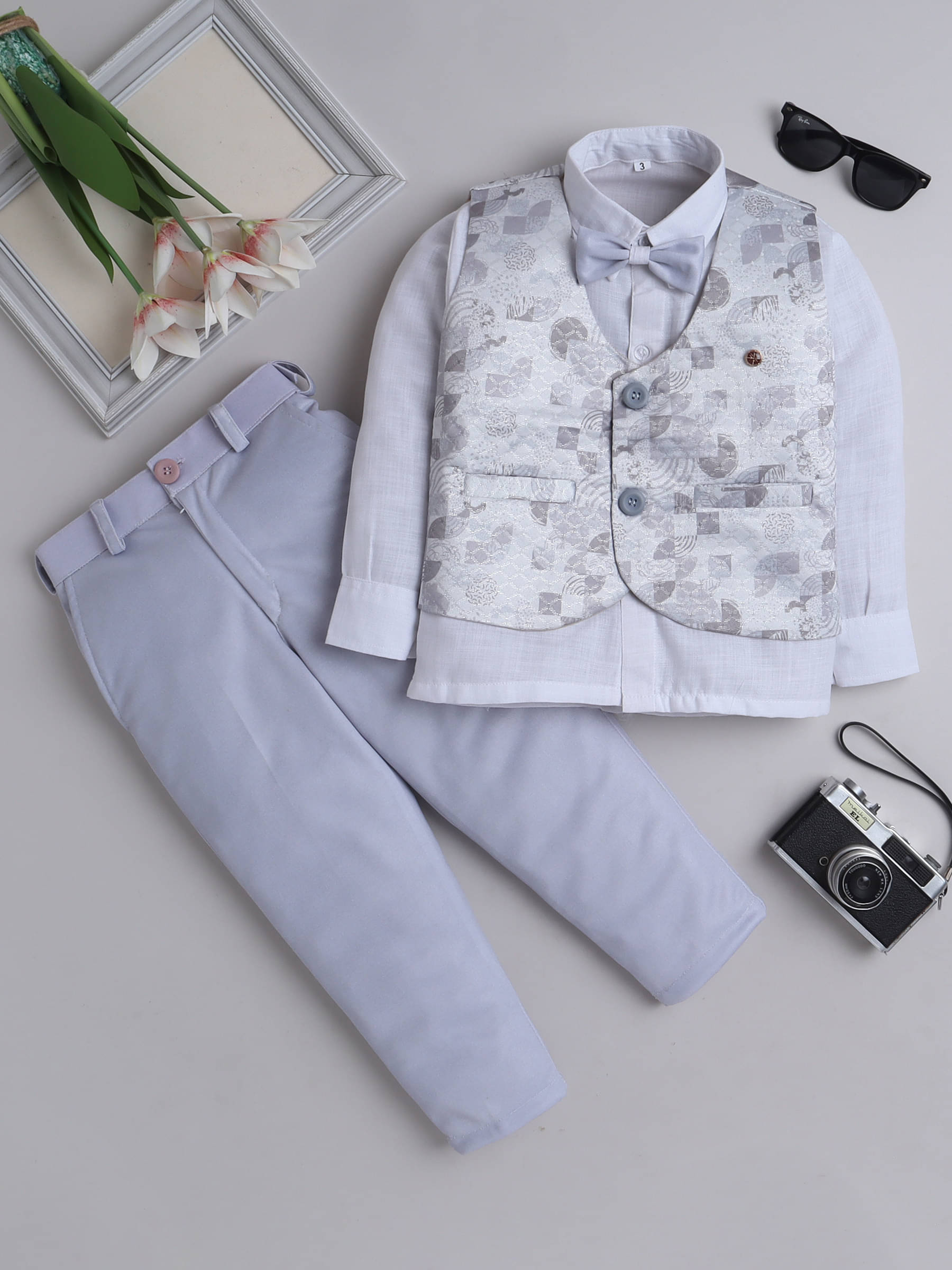     			Fourfolds Pack of 1 Boys Cotton Shirt & Pants Set ( Grey )