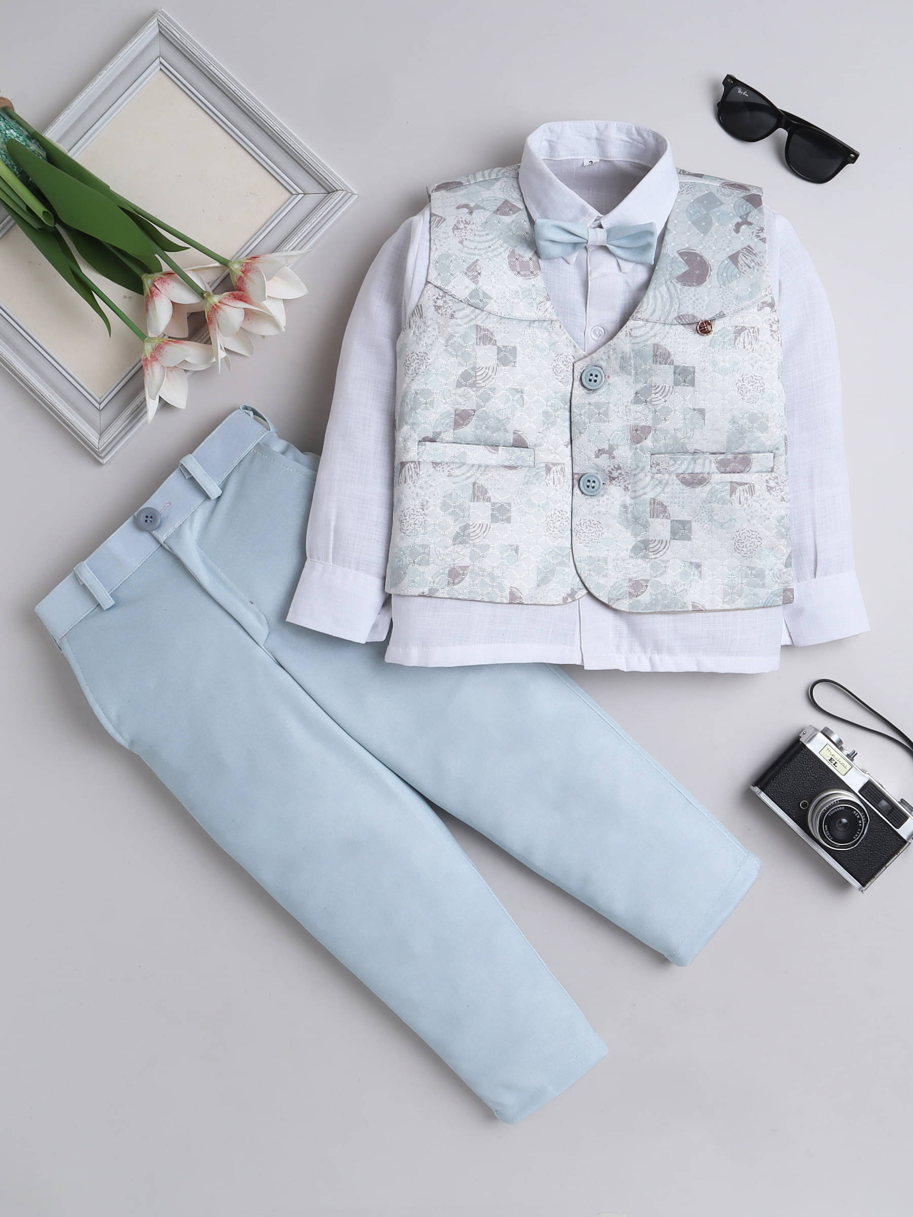     			Fourfolds Pack of 1 Boys Cotton Shirt & Pants Set ( Light Blue )