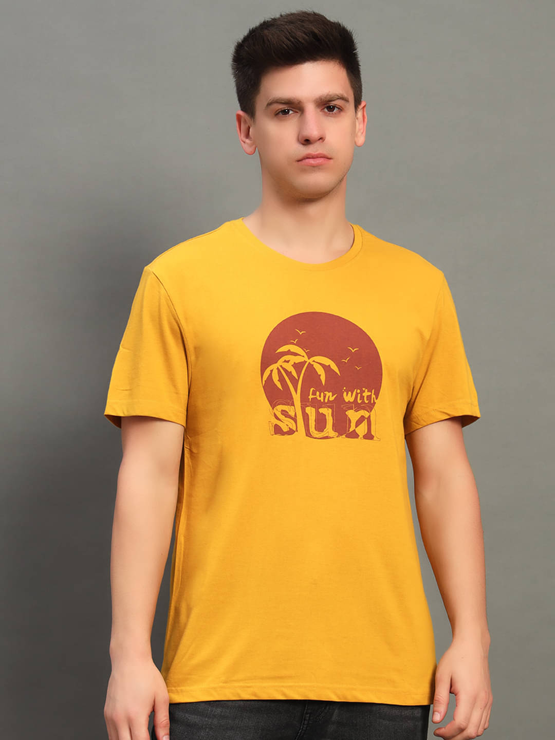 GET GOLF Cotton Blend Regular Fit Printed Half Sleeves Men's Round T-Shirt - Mustard ( Pack of 1 ) GET GOLF Cotton Blend Regular Fit Printed Half Sleeves Men's Round T-Shirt - Mustard ( Pack of 1 )