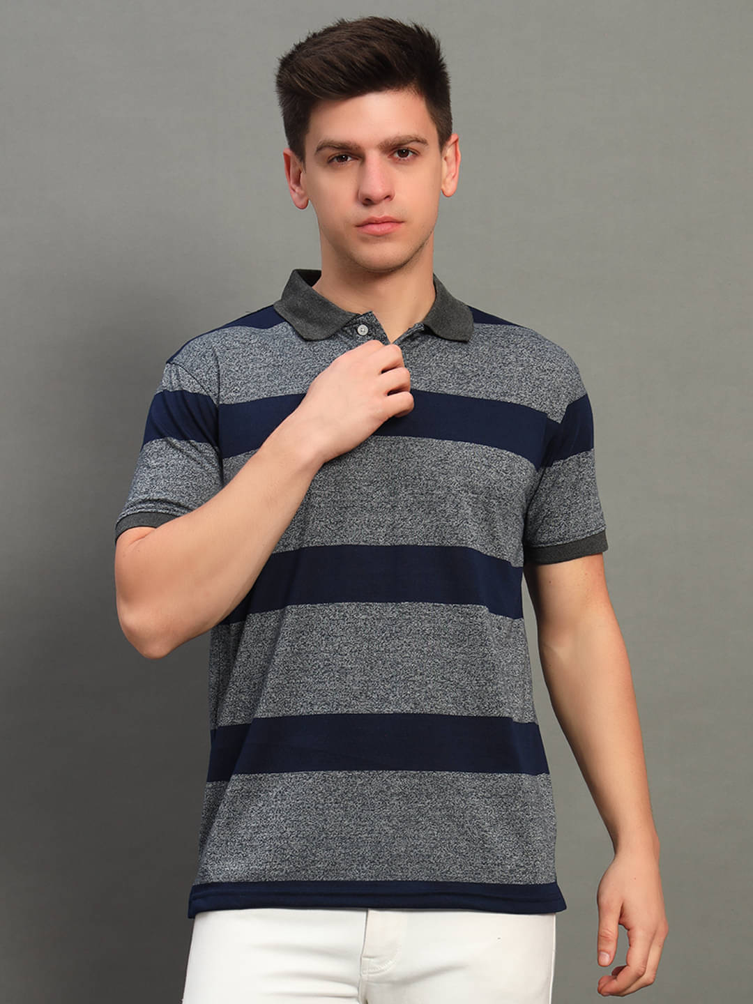     			GET GOLF Pack of 1 Cotton Blend Regular Fit Striped Half Sleeves Men's Polo T Shirt ( Grey )