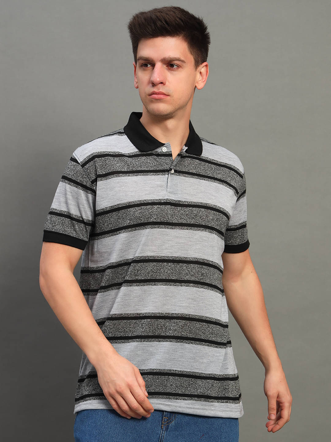 GET GOLF Pack of 1 Cotton Blend Regular Fit Striped Half Sleeves Men's Polo T Shirt ( Grey ) GET GOLF Pack of 1 Cotton Blend Regular Fit Striped Half Sleeves Men's Polo T Shirt ( Grey )