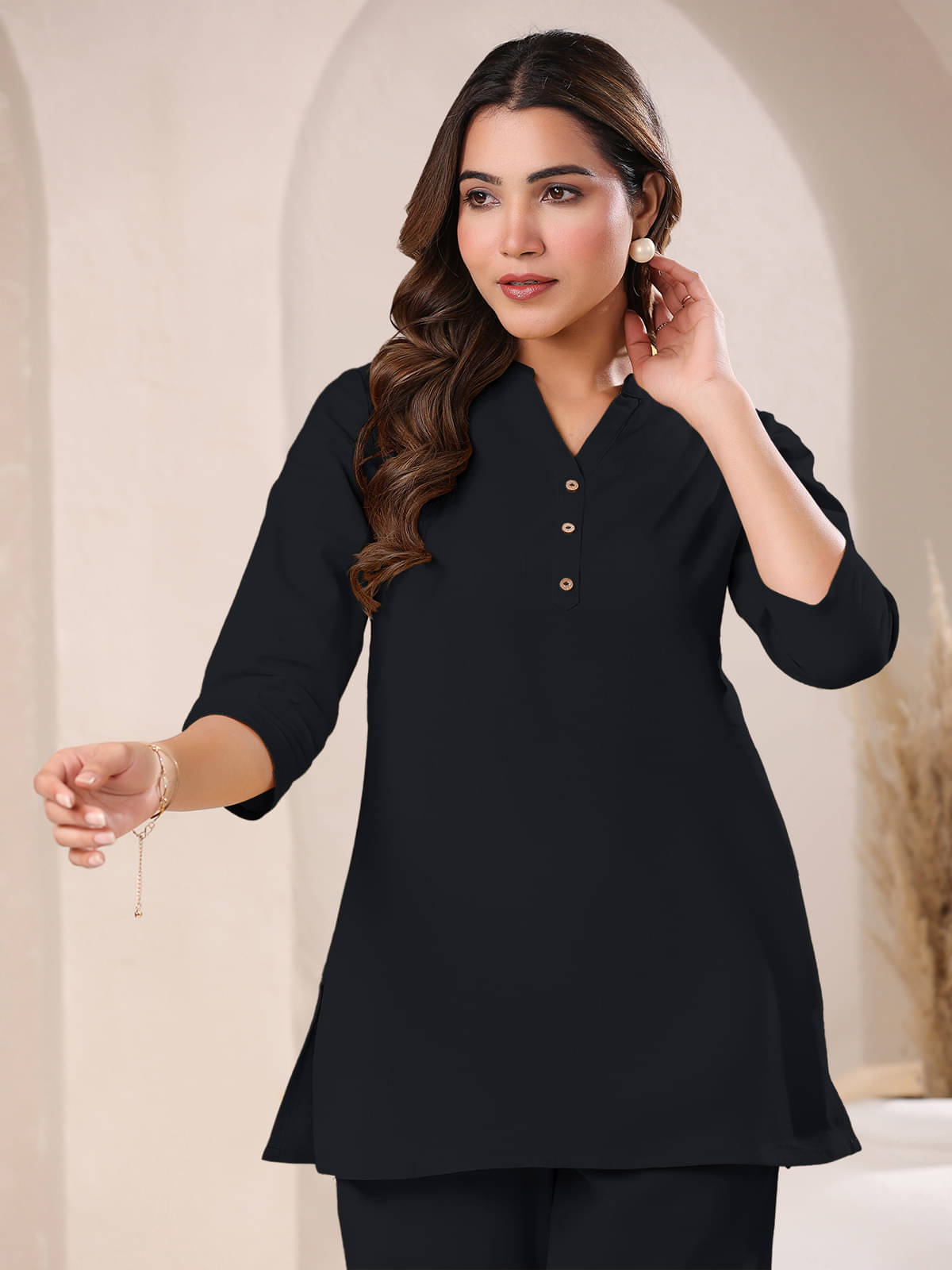 Janasya Women's Cotton A-Line Top ( Black )     			Janasya Women's Cotton A-Line Top ( Black )