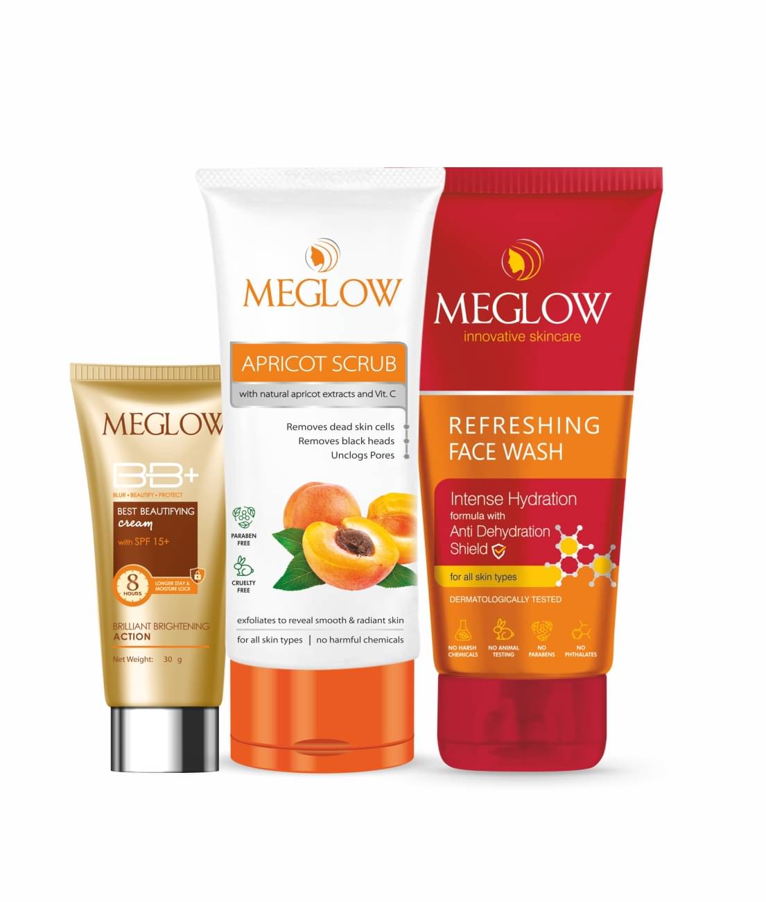 Meglow Skin Combo BB Cream 30g + Apricot Scrub 70g + Facewash 70g - Glow, Cleanse & Refresh Meglow Skin Combo BB Cream 30g + Apricot Scrub 70g + Facewash 70g - Glow, Cleanse & Refresh