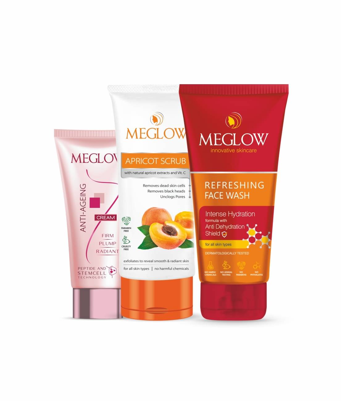     			Meglow Skincare Combo - Apricot Scrub 70g, Anti-Ageing Cream 30g & Refreshing Facewash 70g