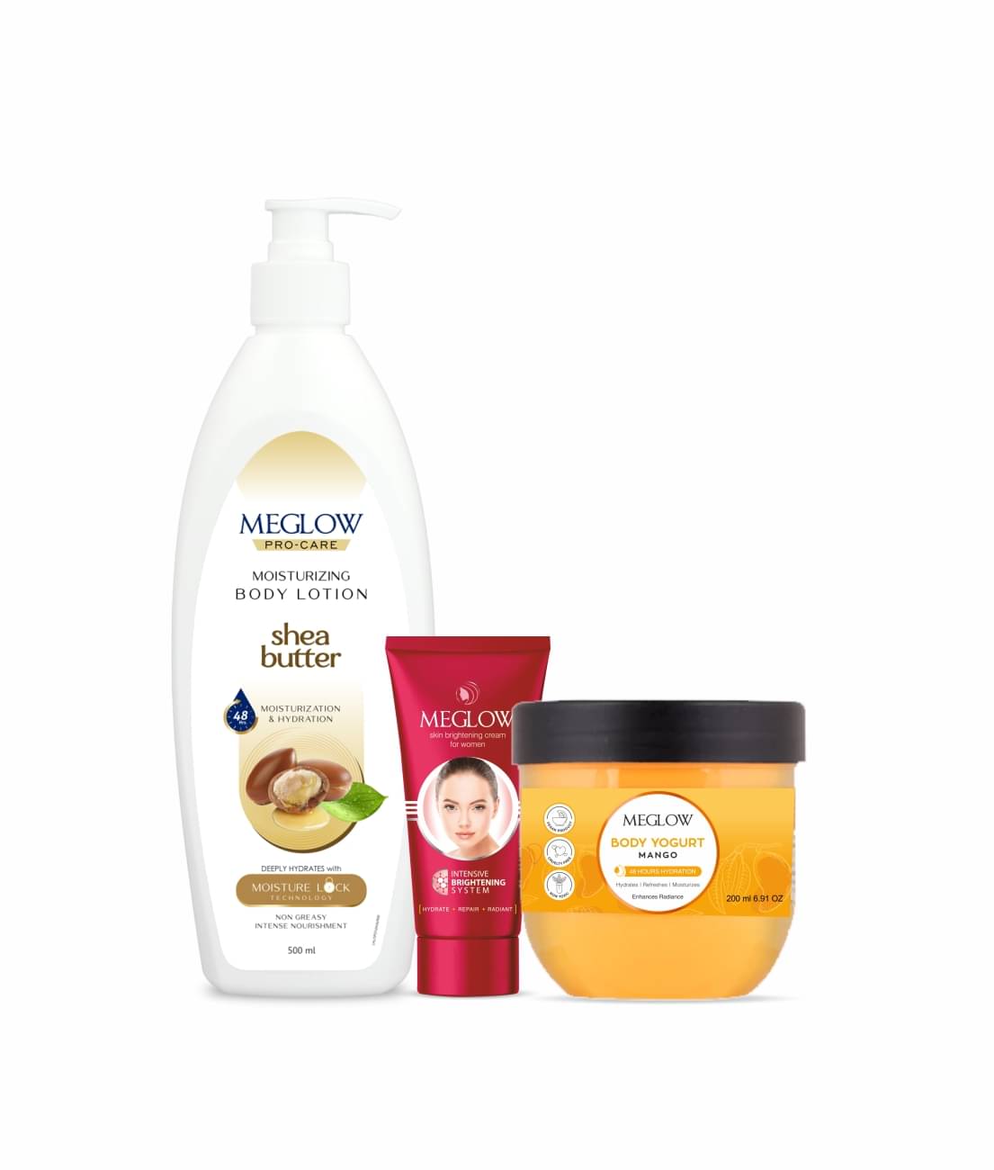 Meglow Combo Shea Butter Body Lotion 500ml + Brightening Cream Women 15g + Mango Body Yogurt 200ml Meglow Combo Shea Butter Body Lotion 500ml + Brightening Cream Women 15g + Mango Body Yogurt 200ml
