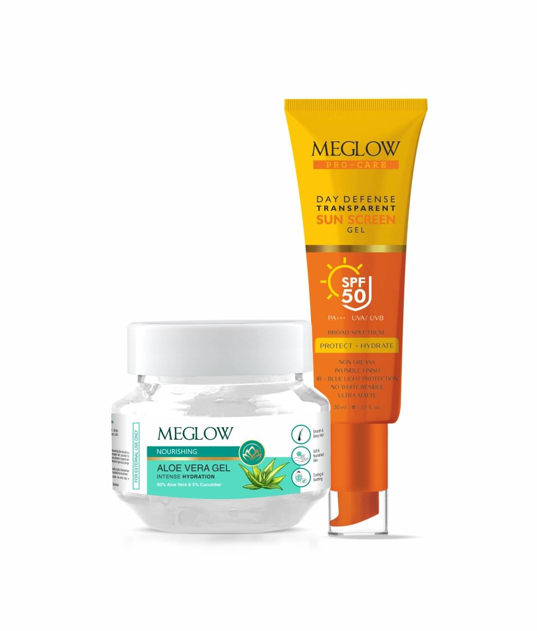     			Meglow Aloe Vera Gel 100g + Day Defense SPF50 Sunscreen Gel 30ml - Skin Hydration & Sun Protection