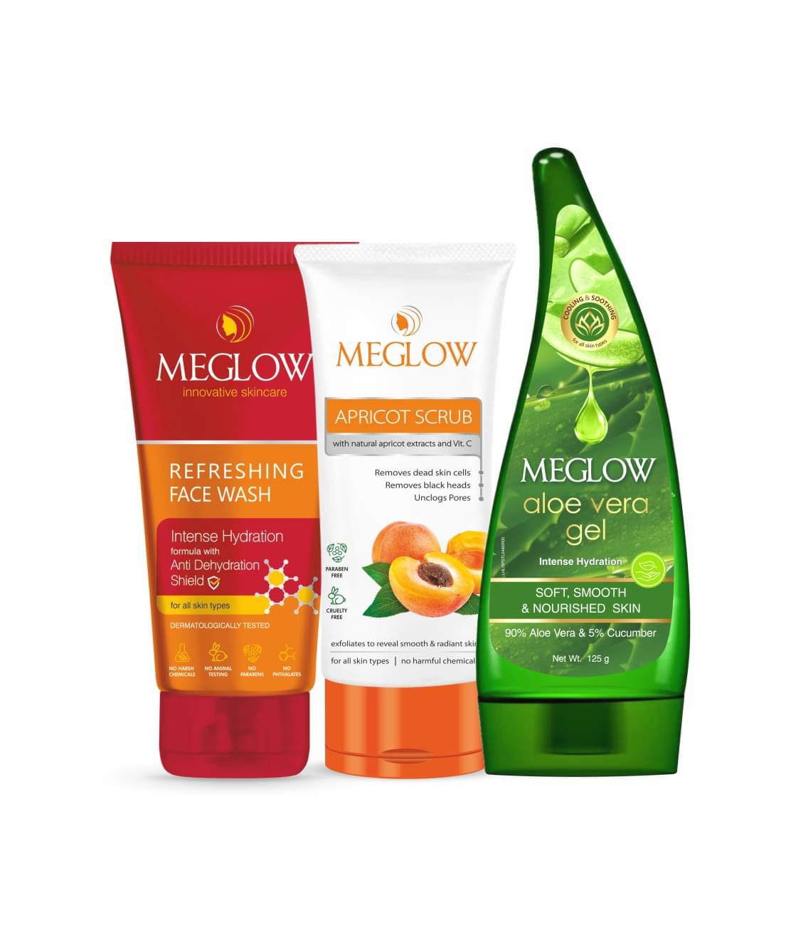     			Meglow Skin Care Combo Refreshing Facewash 70g + Apricot Scrub 70g + Aloevera Gel 125g