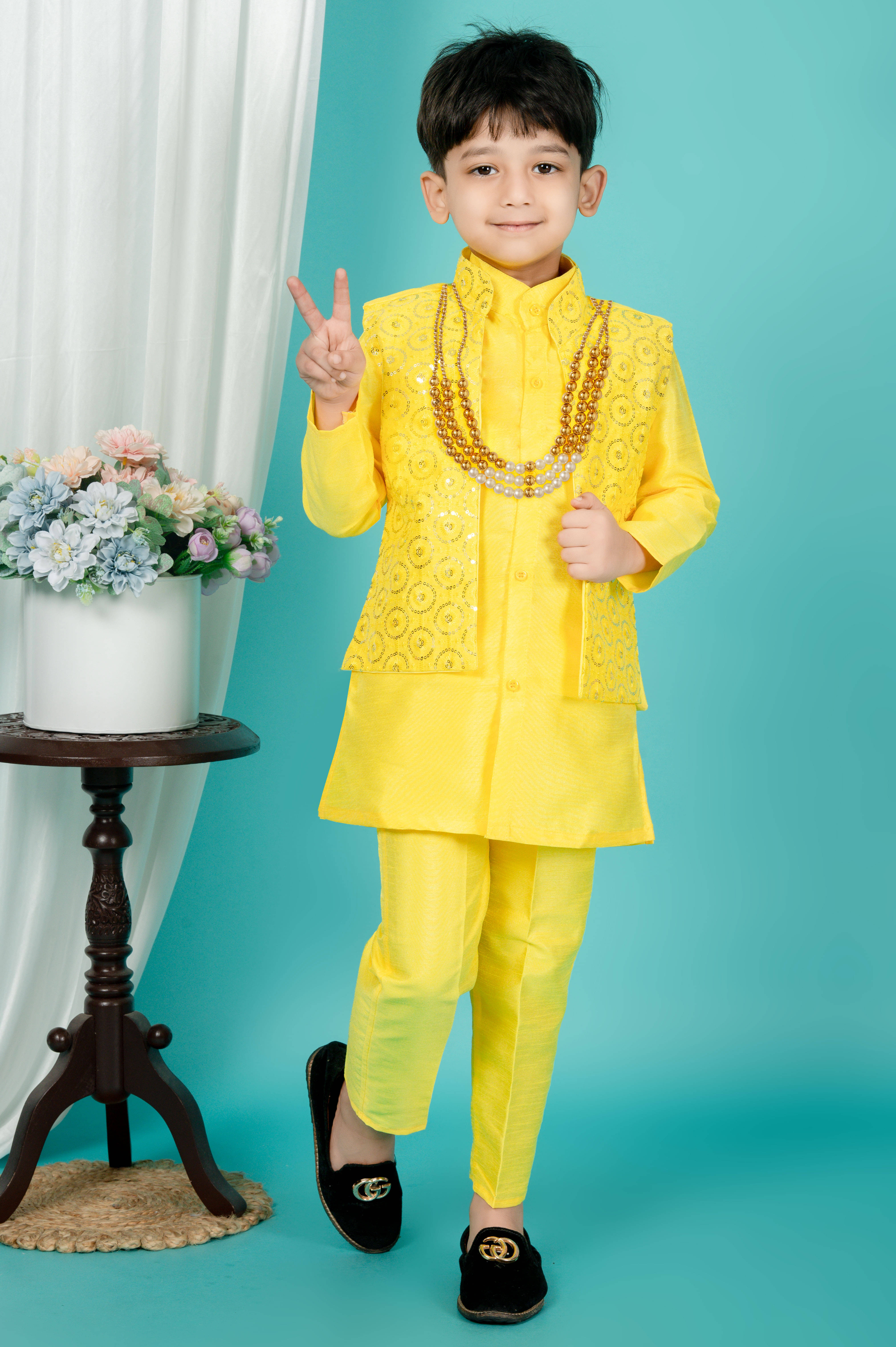     			NTD FASHION Boys Cotton Blend Mirror Work - Pattern Kurta Pyjama Set ( Yellow , Pack of 1 )