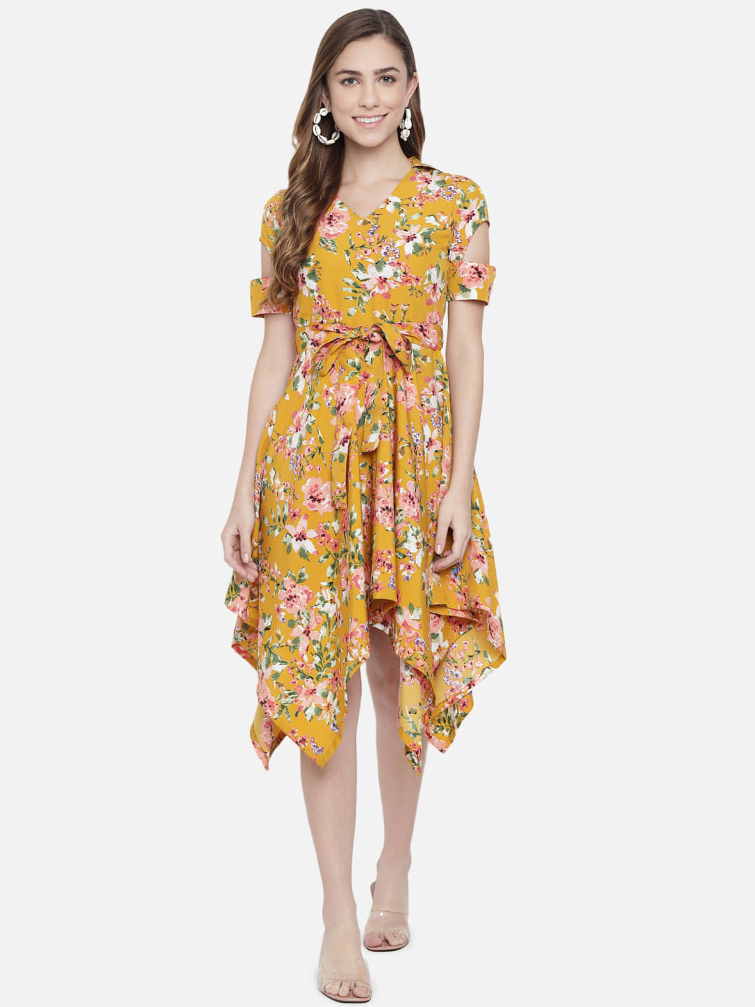     			OTIRA Women Crepe Printed A-line Dress ( Yellow )