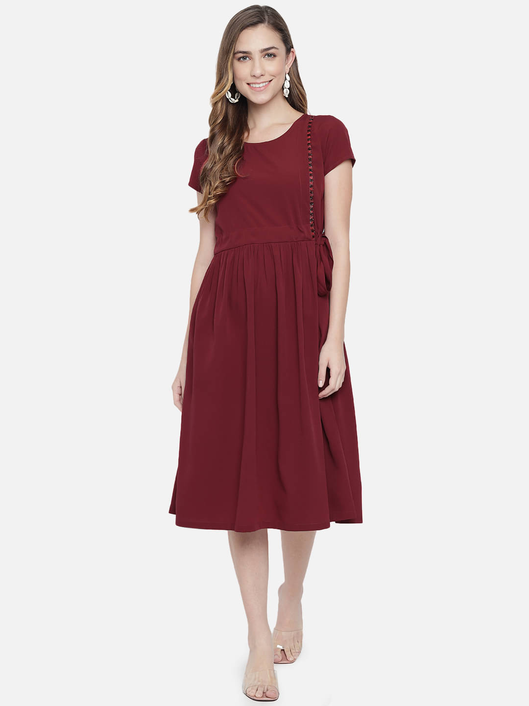 OTIRA Women Crepe Solid A-line Dress ( Red ) OTIRA Women Crepe Solid A-line Dress ( Red )