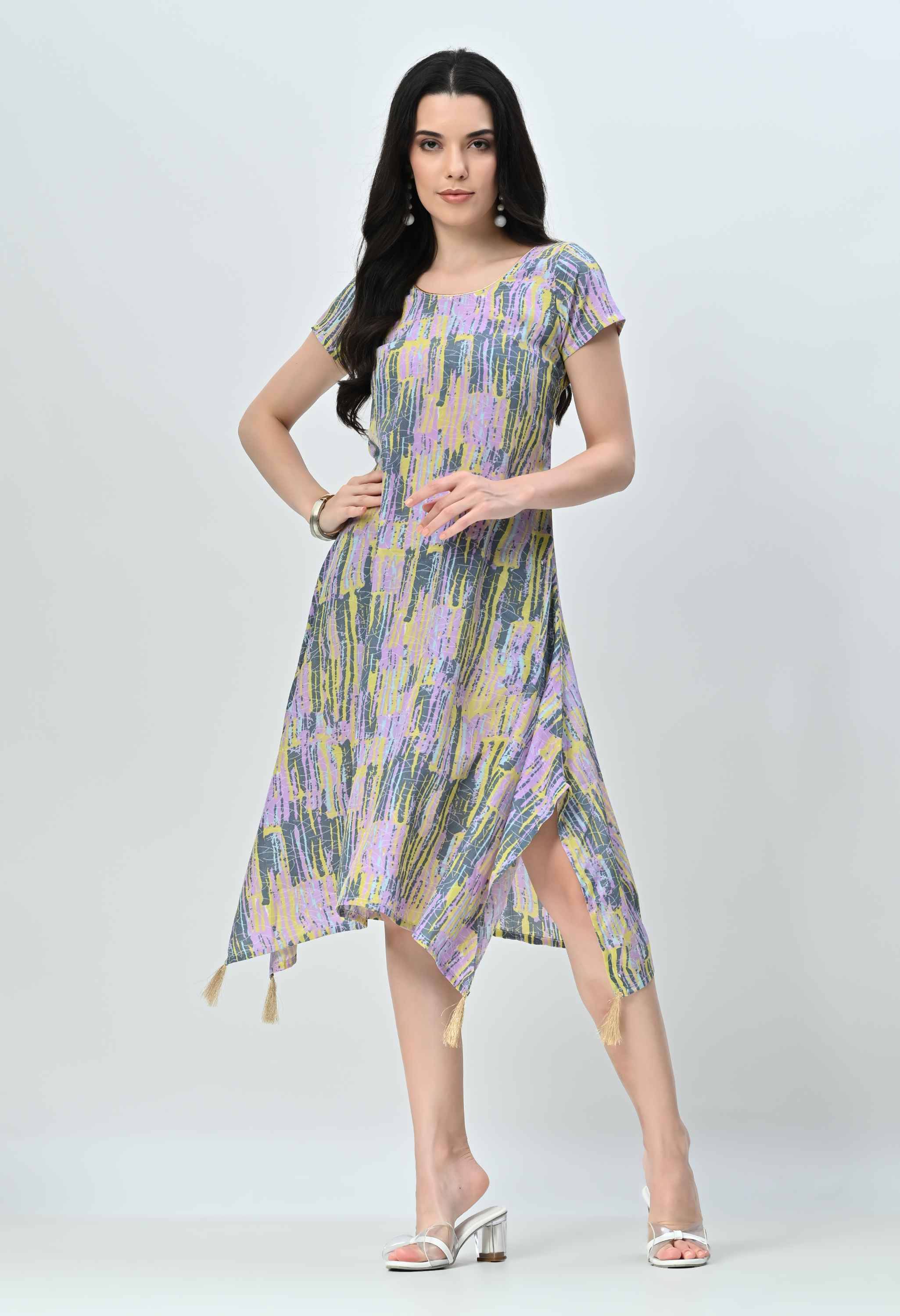 OTIRA Women Silk Printed A-line Dress ( Multicolor ) OTIRA Women Silk Printed A-line Dress ( Multicolor )