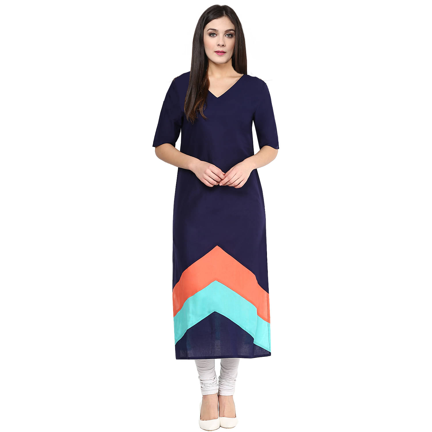 Pannkh Pack of 1 Cotton Colorblock Straight Women's Kurti - ( Blue )     			Pannkh Pack of 1 Cotton Colorblock Straight Women's Kurti - ( Blue )