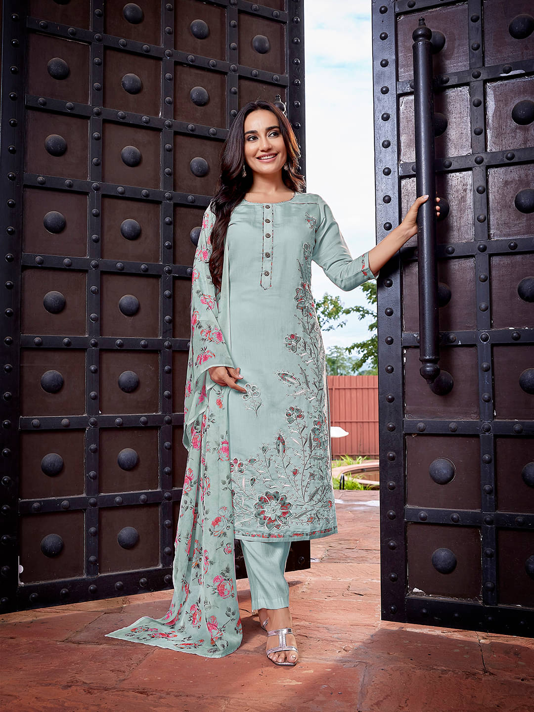 Royal Export Pack of 1 Chanderi Embroidered Straight Women's Kurti with Dupatta - ( Light Blue ) Royal Export Pack of 1 Chanderi Embroidered Straight Women's Kurti with Dupatta - ( Light Blue )