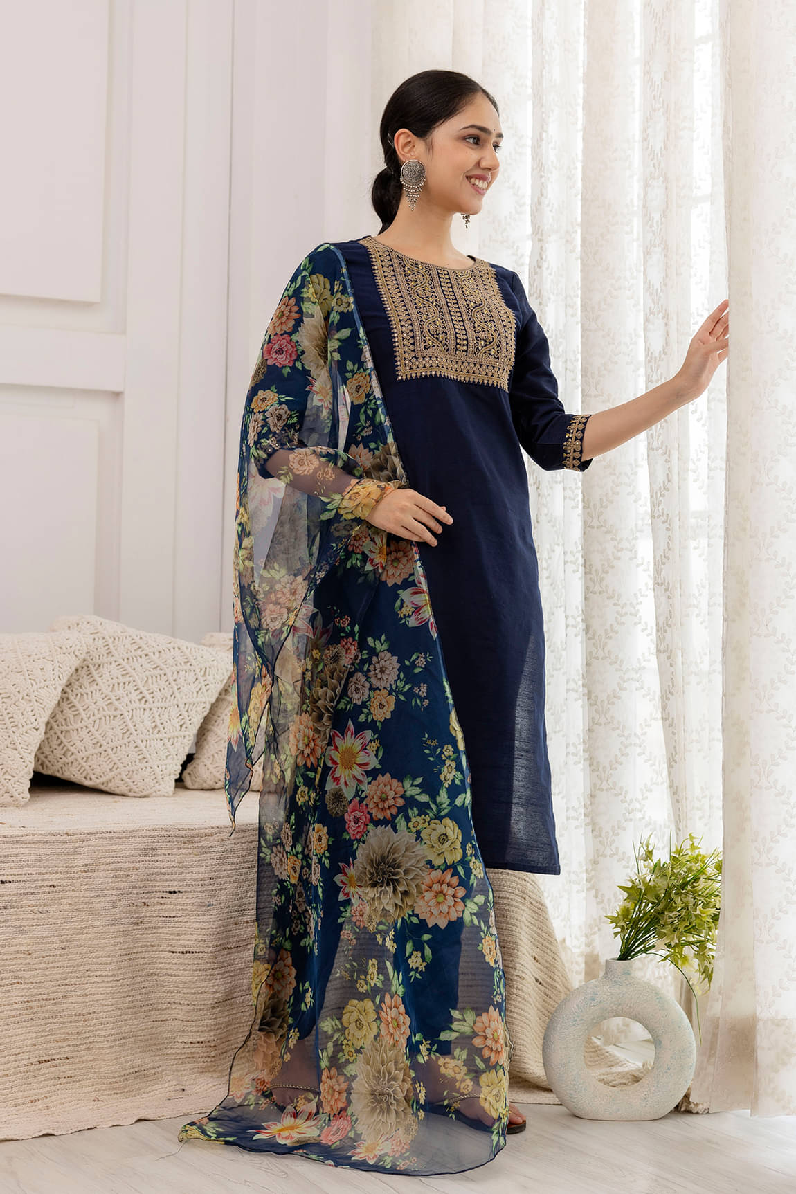Royal Export Pack of 1 Cotton Silk Embellished Straight Women's Kurti with Dupatta - ( Navy Blue ) Royal Export Pack of 1 Cotton Silk Embellished Straight Women's Kurti with Dupatta - ( Navy Blue )