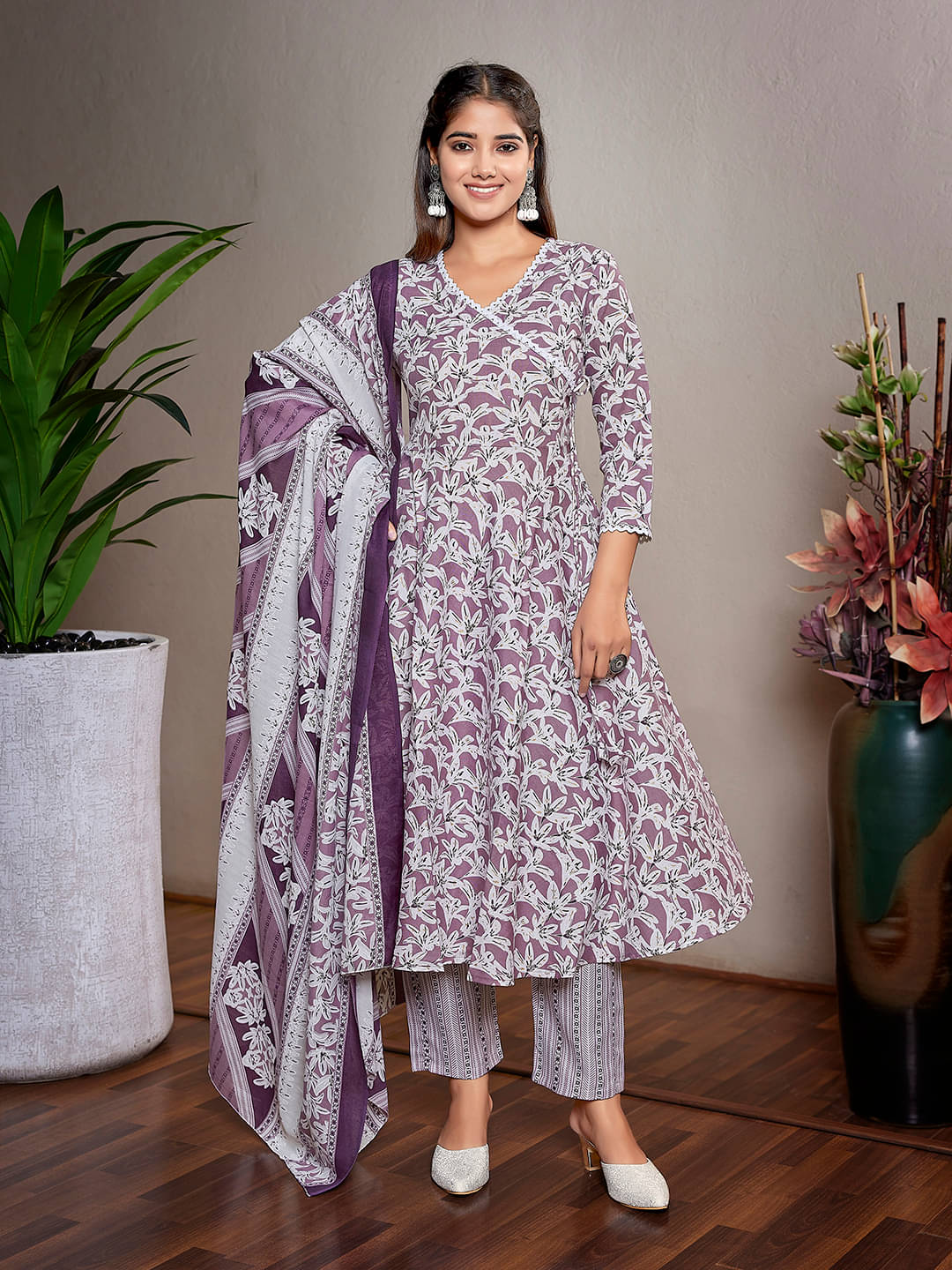     			Royal Export Pack of 1 Cotton Blend Printed Anarkali Women's Kurti with Dupatta - ( Purple )