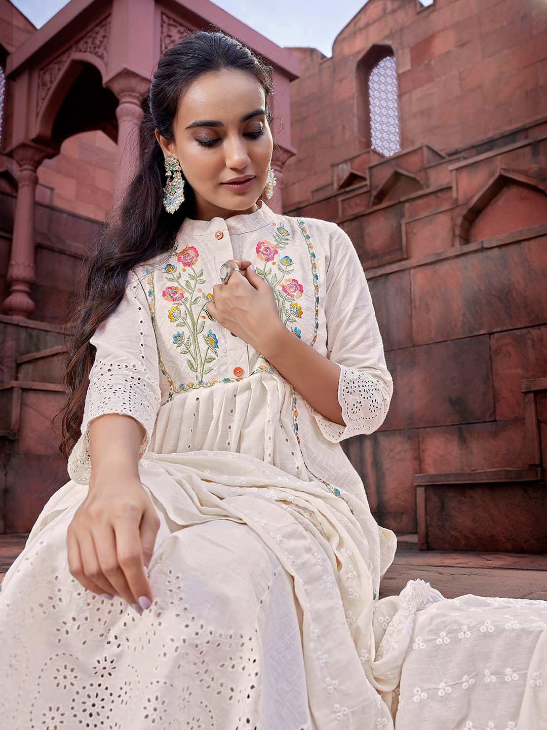 Royal Export Pack of 1 Cotton Embroidered Flared Women's Kurti with Dupatta - ( Beige ) - Kurtis, Tunics | Buy online on ZillyBuy